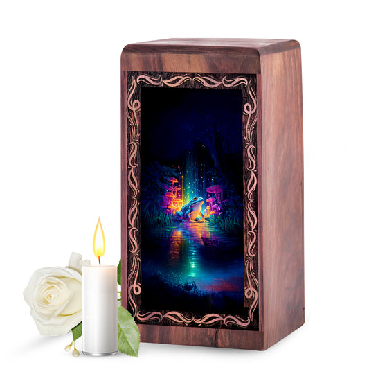 Glowing Frog Cremation Urn for Ashes - Decorative Wooden Box For Human Adults