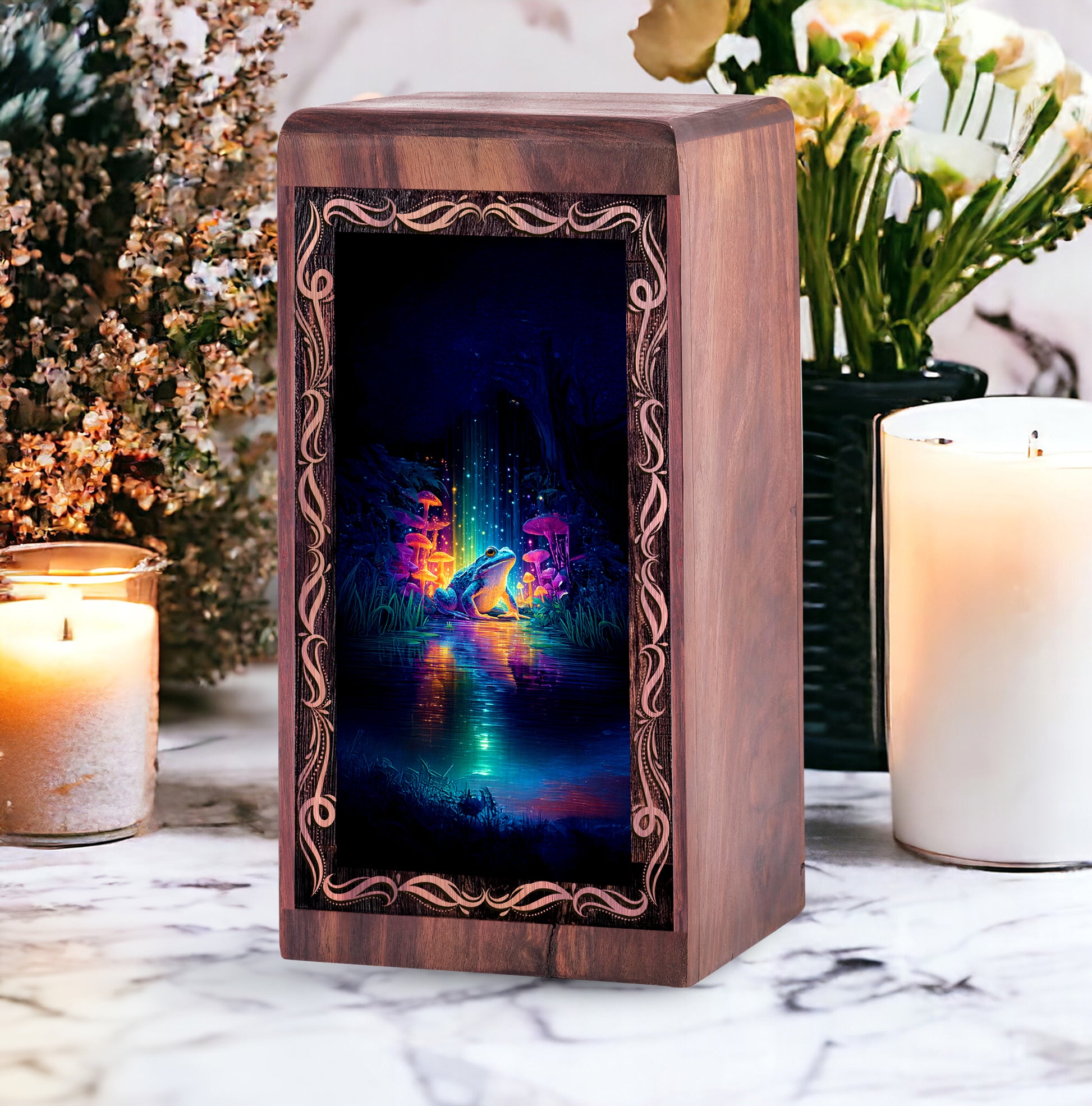 Glowing Frog Cremation Urn for Ashes - Decorative Wooden Box For Human Adults