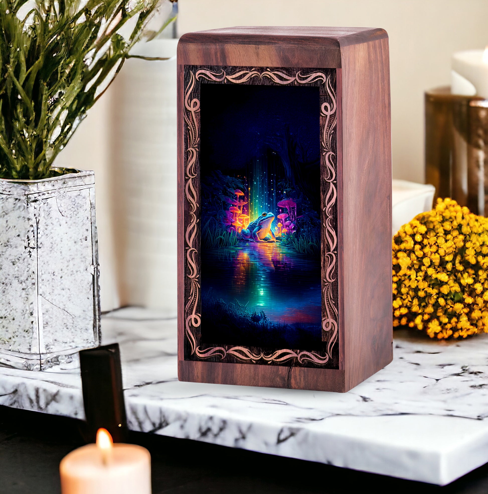 Glowing Frog Cremation Urn for Ashes - Decorative Wooden Box For Human Adults