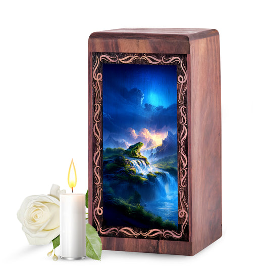 Waterfall Frog Funeral Urn For Ashes - Wooden Fantasy Nature Theme Memorial Urn Box