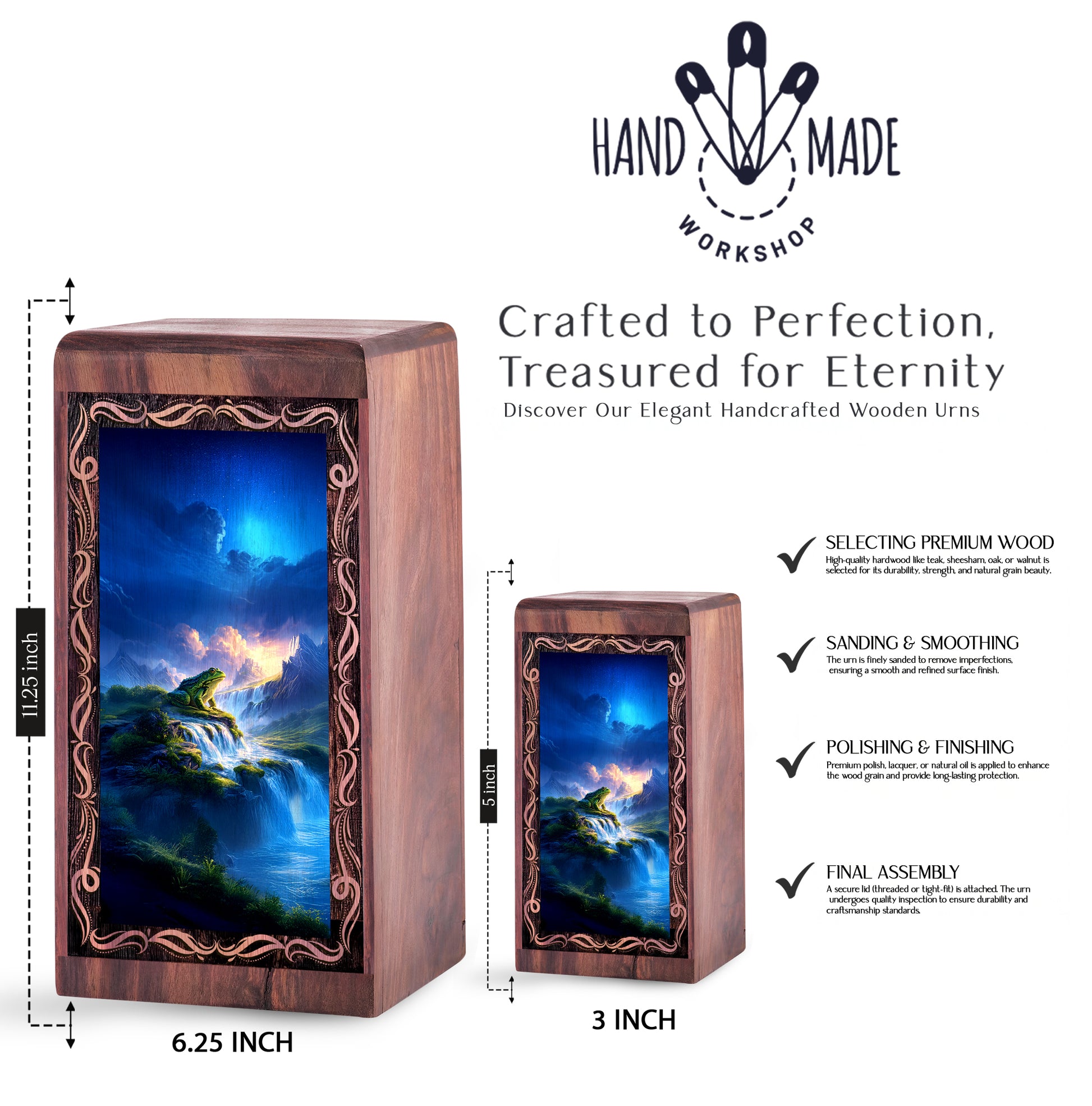 Waterfall Frog Funeral Urn For Ashes - Wooden Fantasy Nature Theme Memorial Urn Box