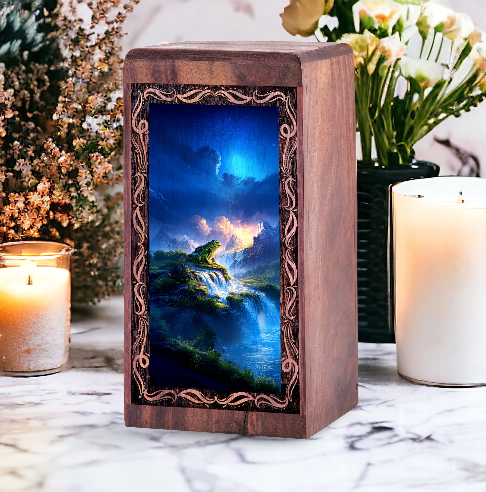 Waterfall Frog Funeral Urn For Ashes - Wooden Fantasy Nature Theme Memorial Urn Box