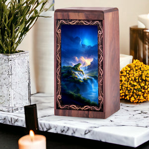Waterfall Frog Funeral Urn For Ashes - Wooden Fantasy Nature Theme Memorial Urn Box