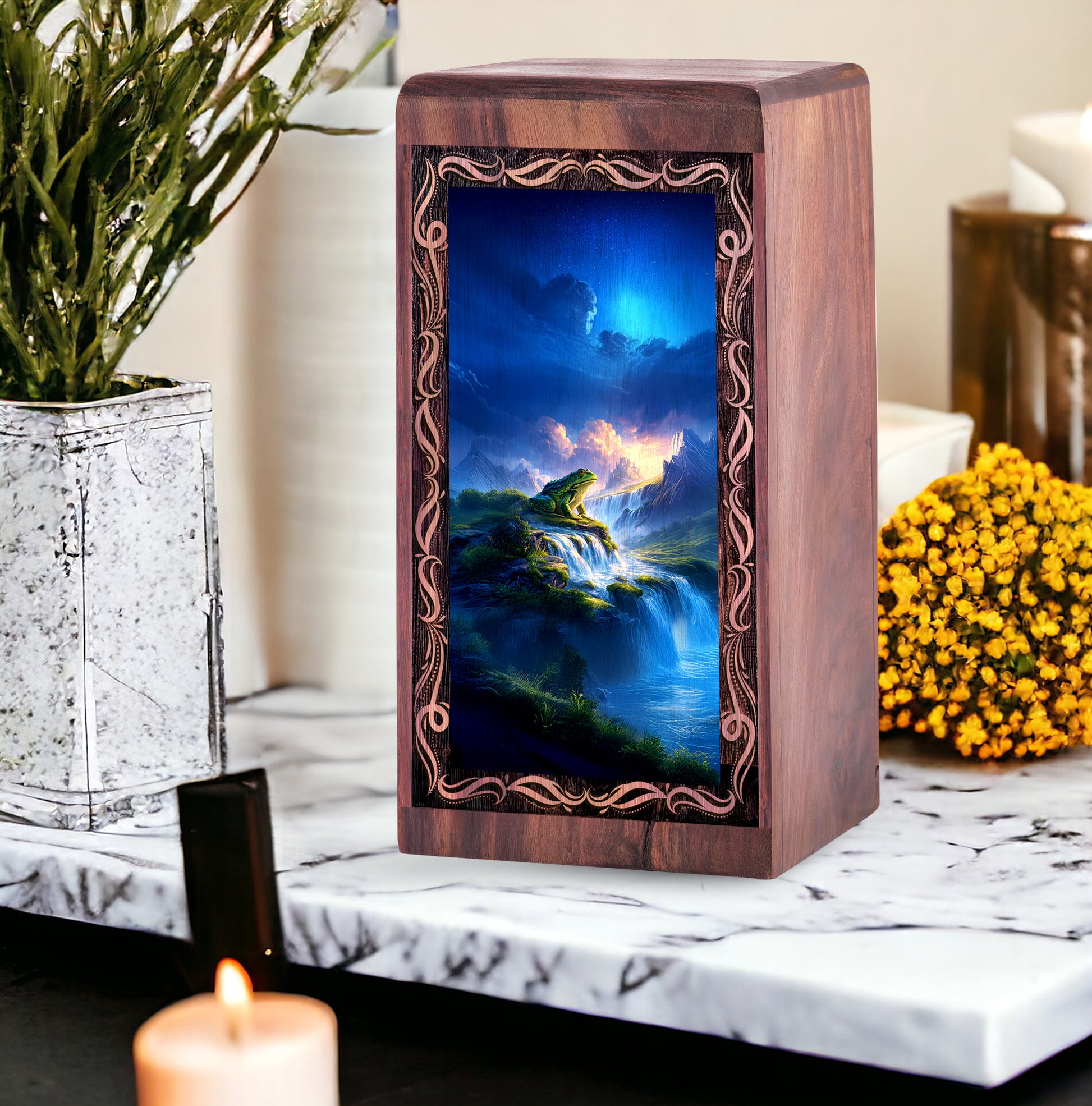 Waterfall Frog Funeral Urn For Ashes - Wooden Fantasy Nature Theme Memorial Urn Box