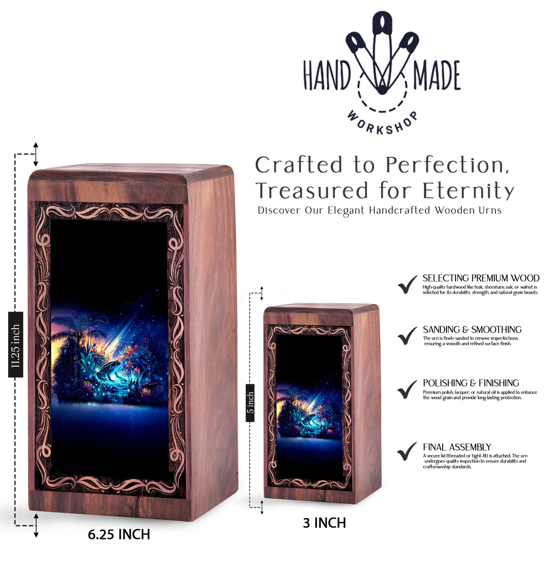 Tropical Night Theme Frog Cremation Urn Box - Wooden Box Keepsake For Human