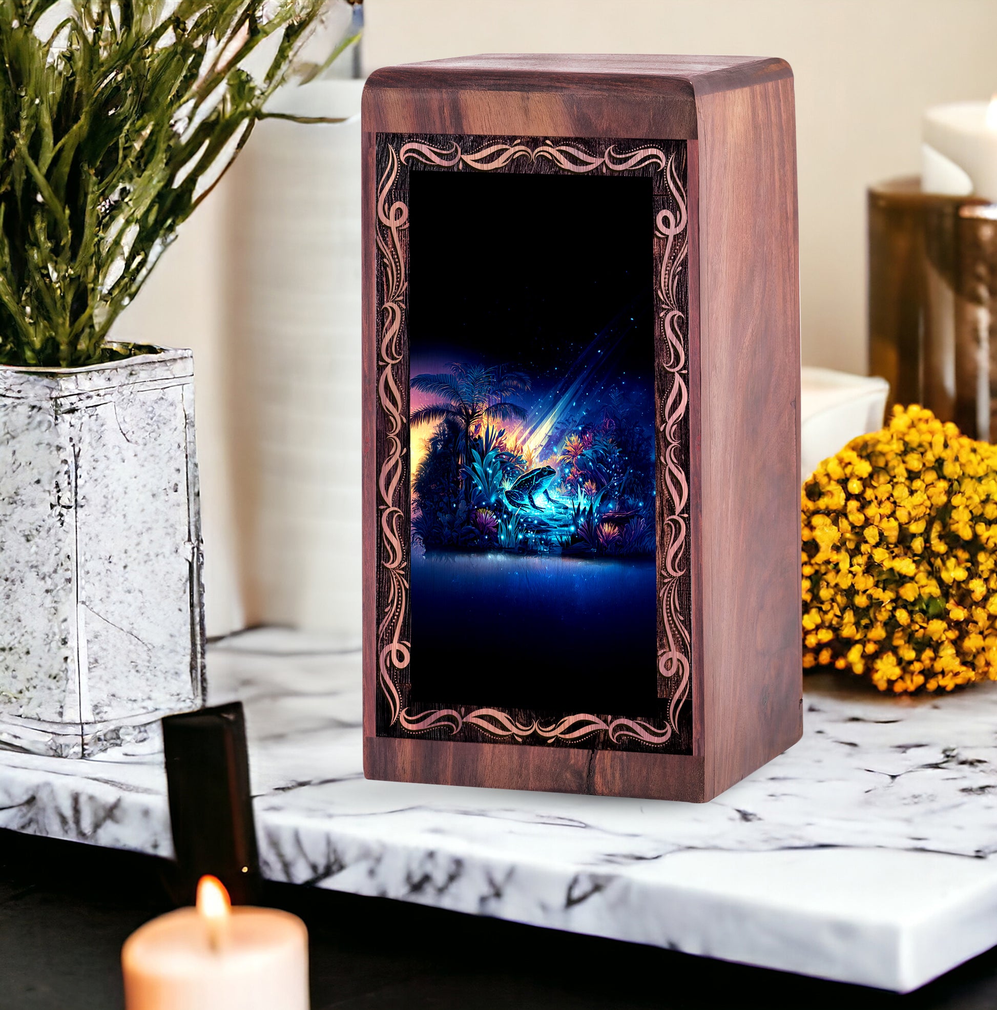 Tropical Night Theme Frog Cremation Urn Box - Wooden Box Keepsake For Human