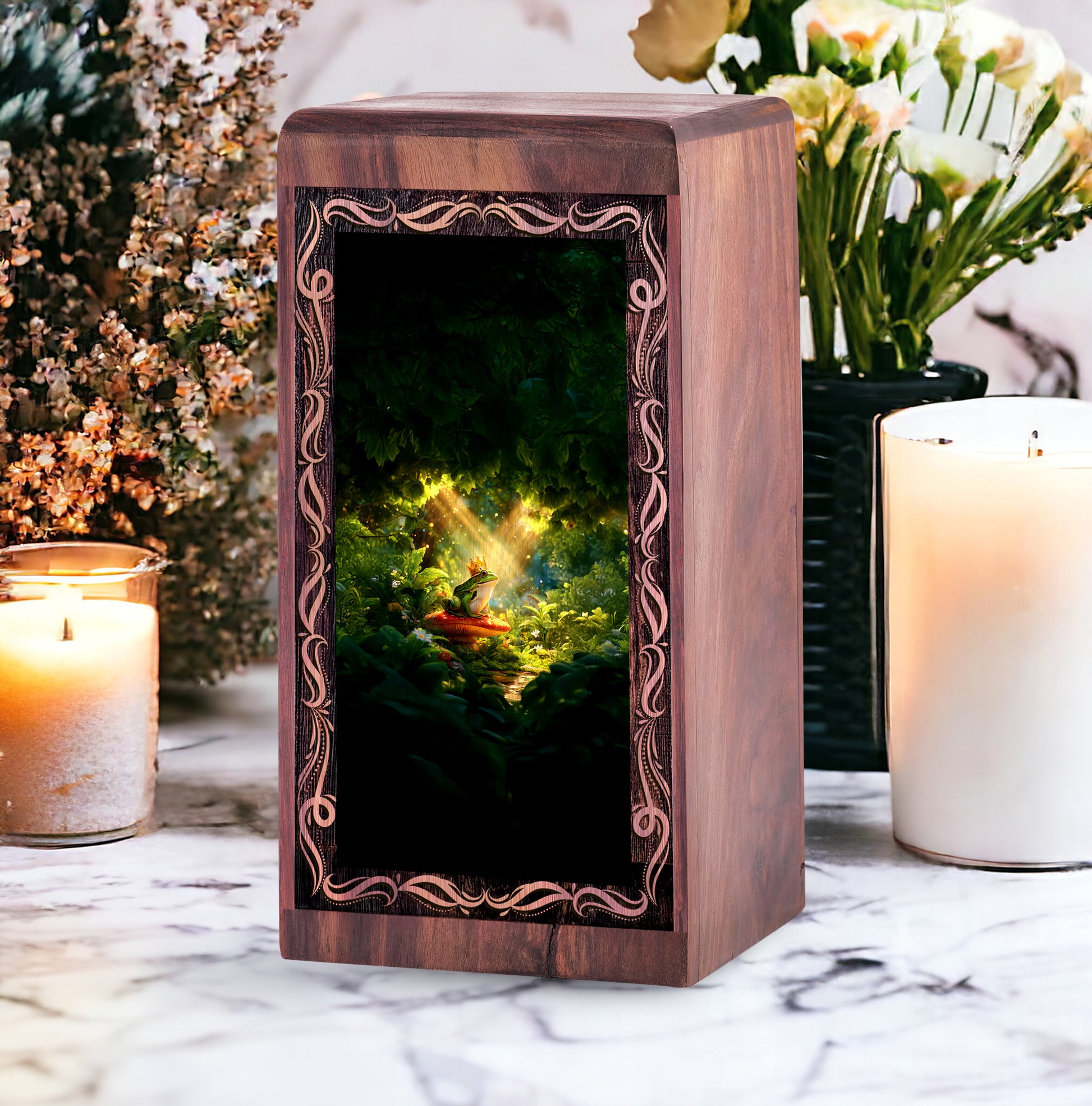 Magical Forest Frog Theme Cremation Urn Box - Large Wooden Box For Mom & Dad
