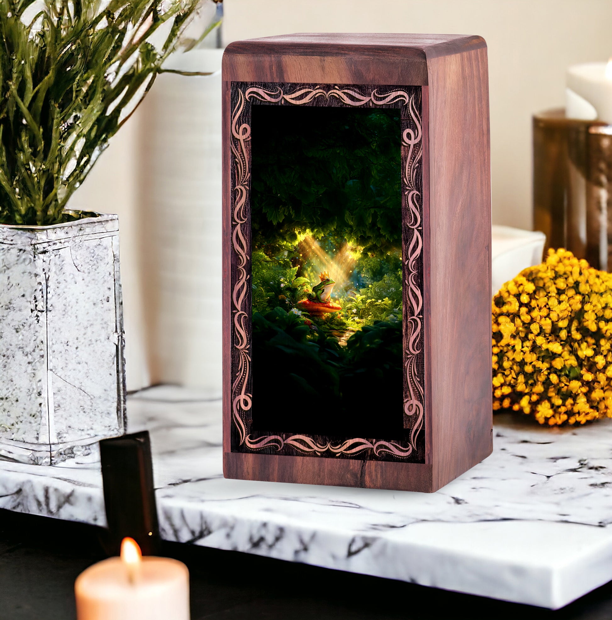 Magical Forest Frog Theme Cremation Urn Box - Large Wooden Box For Mom & Dad