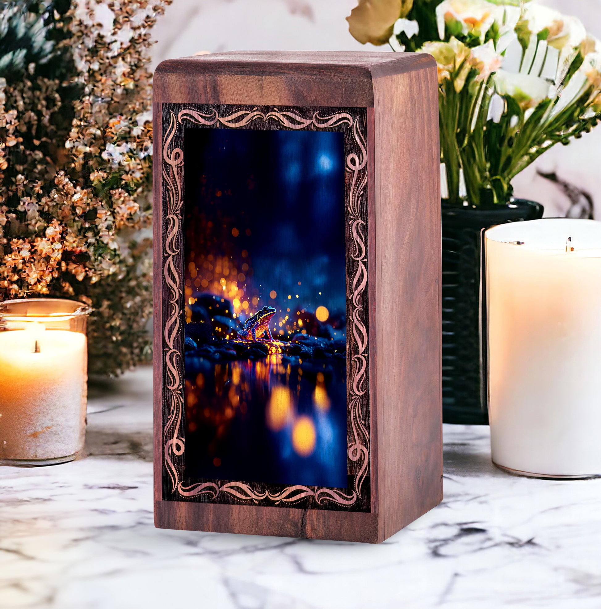 Frog Wooden Box Keepsake For Human - Night Reflection Theme Cremation Urn Box