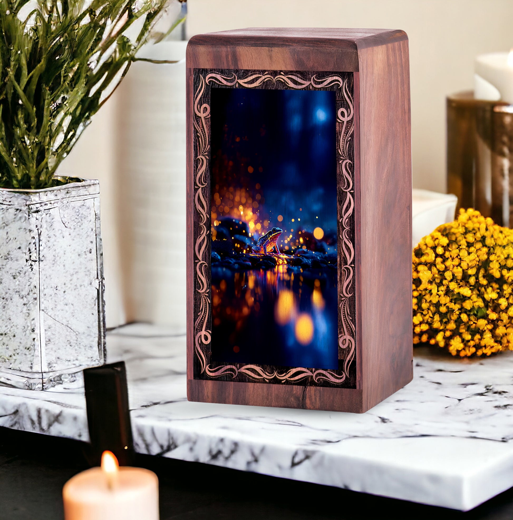 Frog Wooden Box Keepsake For Human - Night Reflection Theme Cremation Urn Box