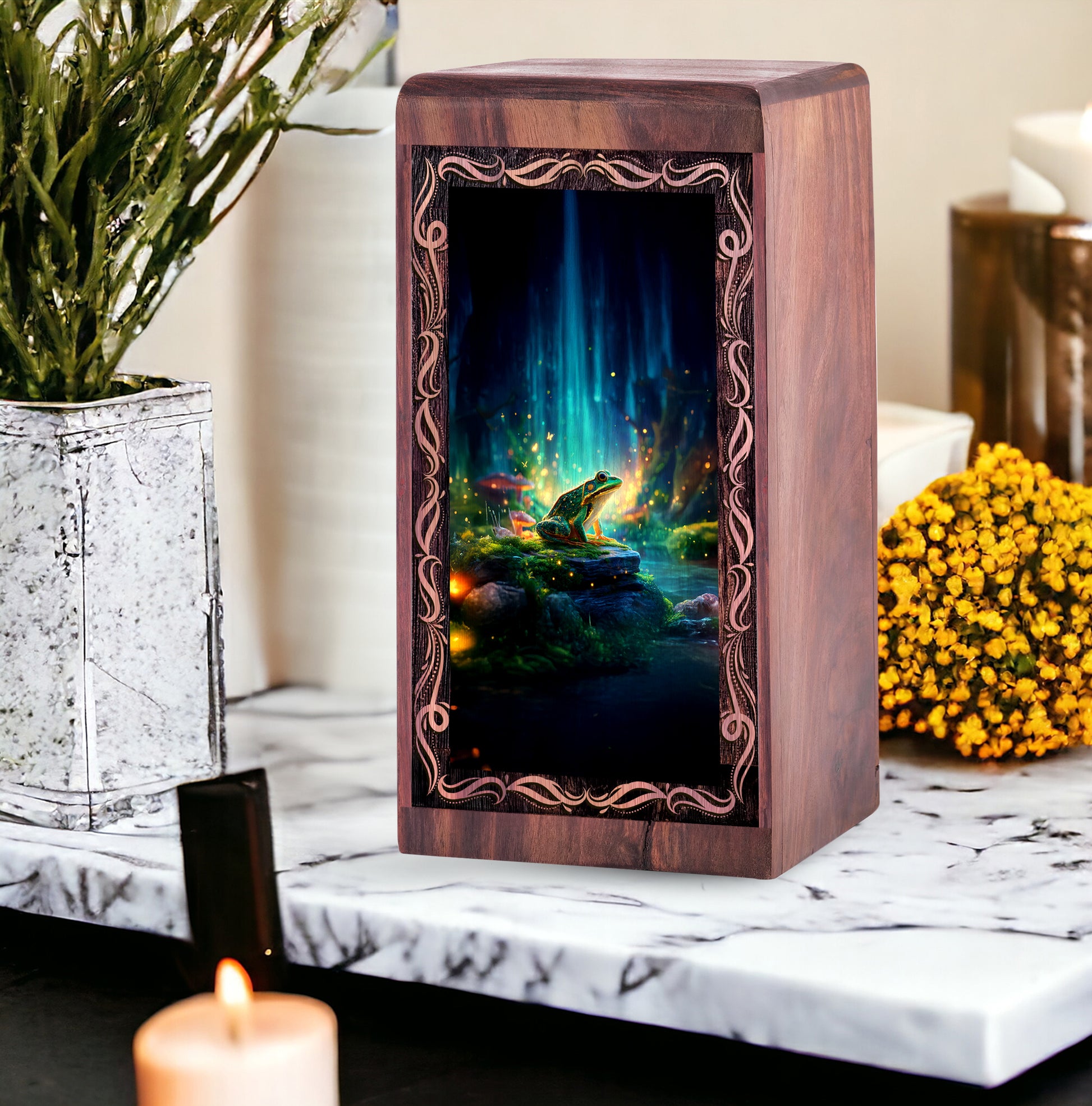 Mystic Waterfall Frog Theme Cremation Urn Box - Funeral For Human Ashes Adult Male