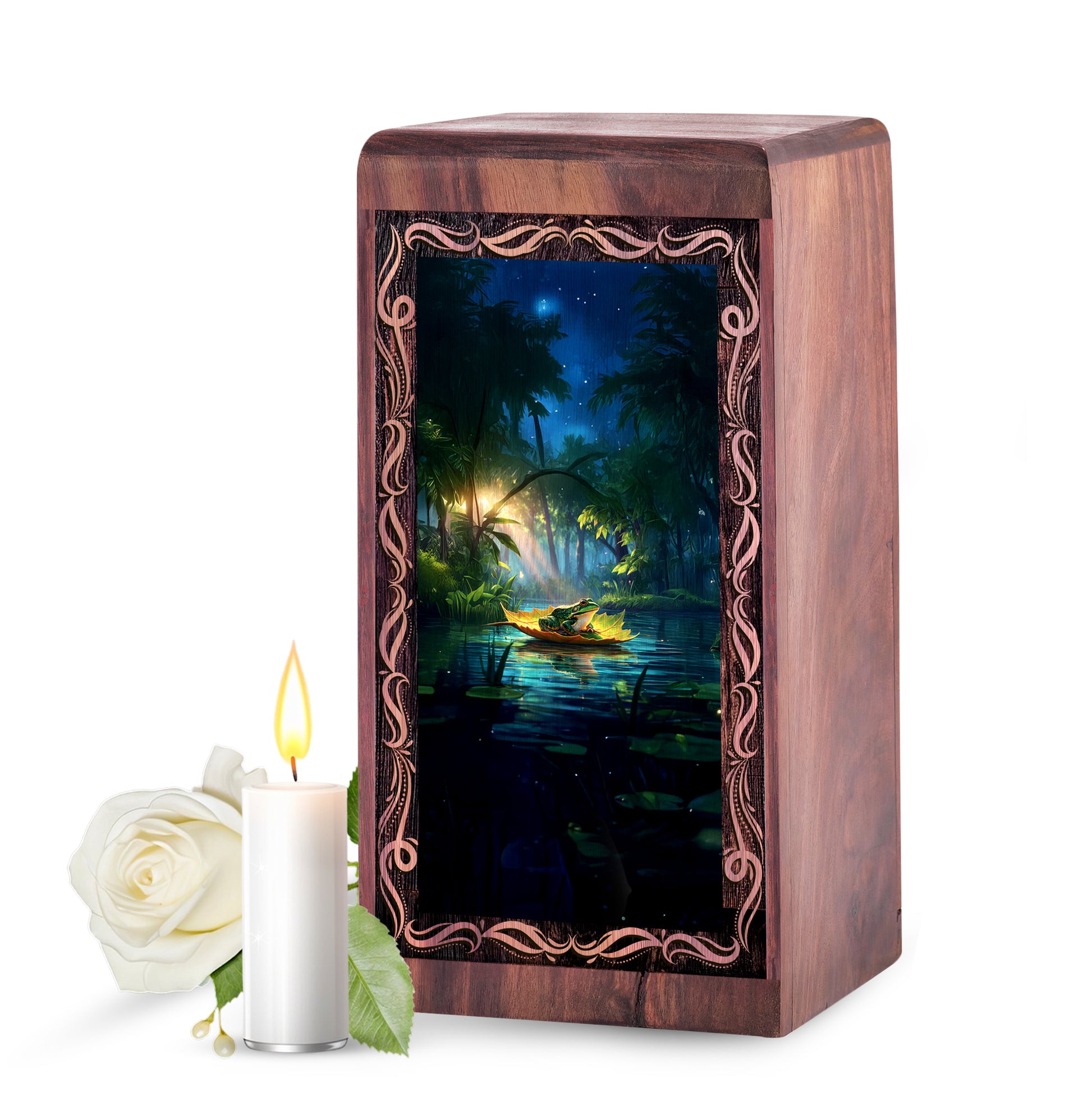 River Night Theme Frog Wooden Urn - Cremation Urns Wooden Box For Male