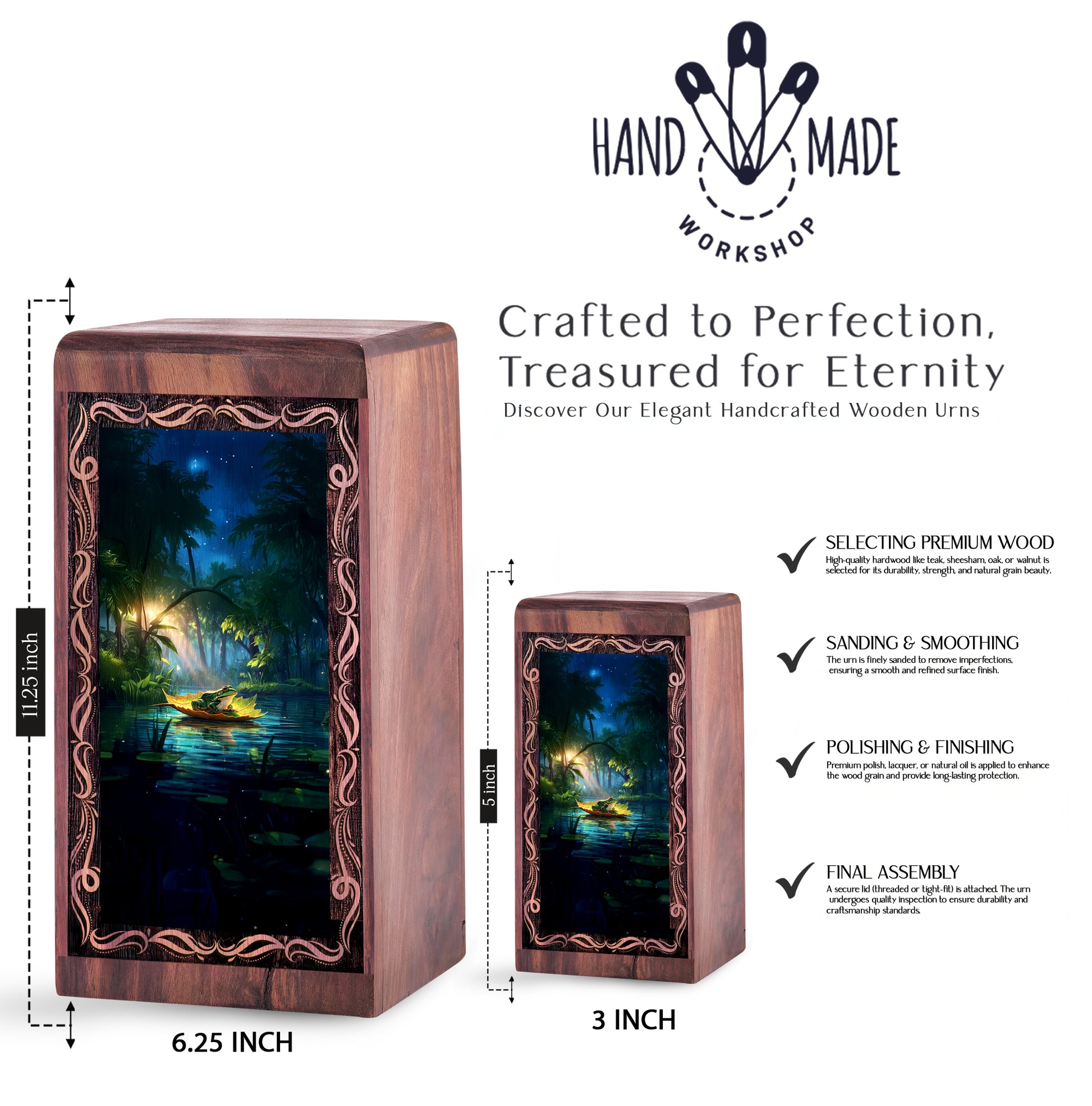 River Night Theme Frog Wooden Urn - Cremation Urns Wooden Box For Male