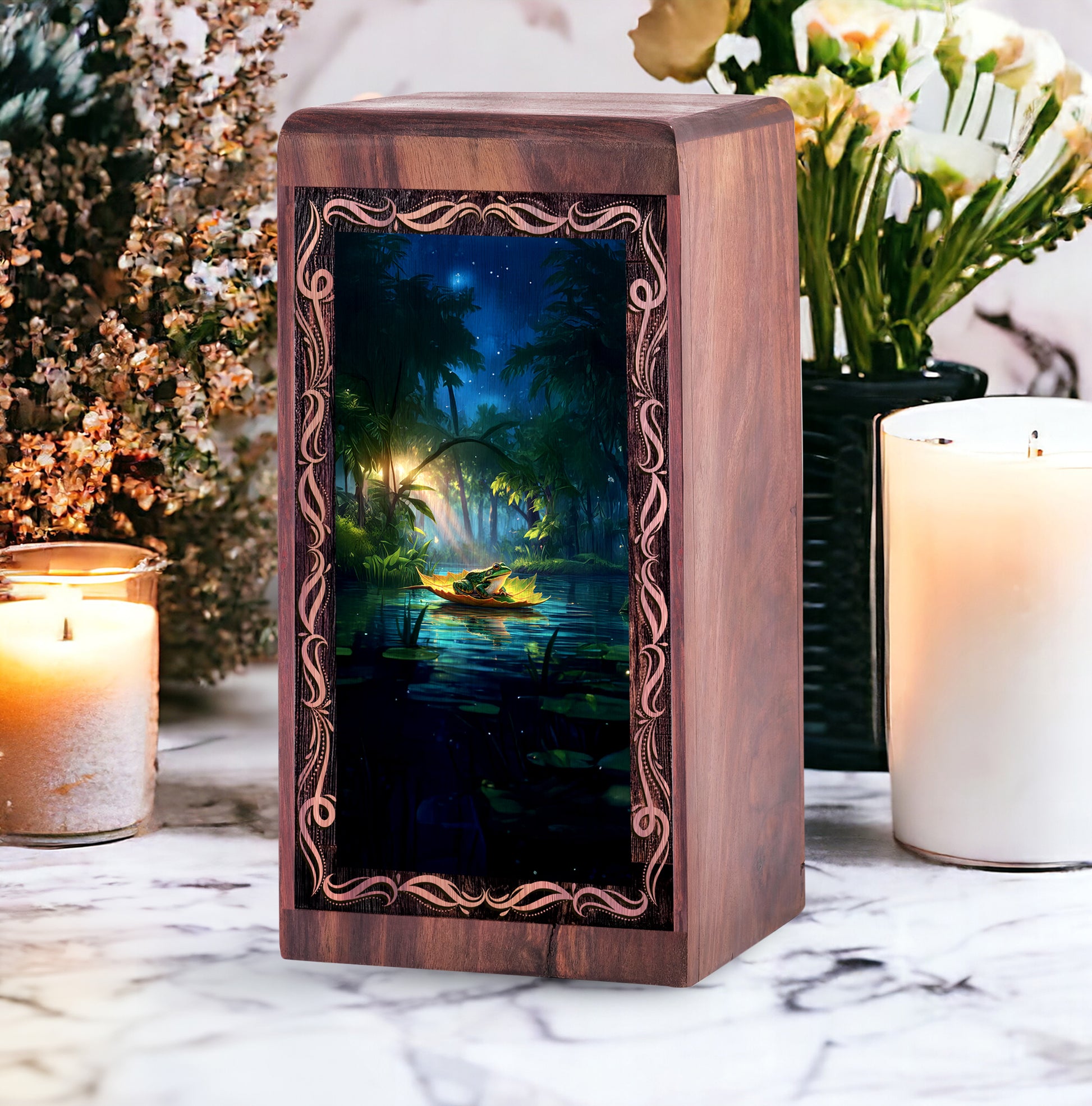 River Night Theme Frog Wooden Urn - Cremation Urns Wooden Box For Male