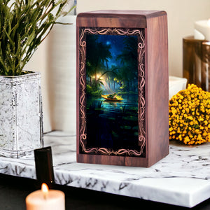 River Night Theme Frog Wooden Urn - Cremation Urns Wooden Box For Male