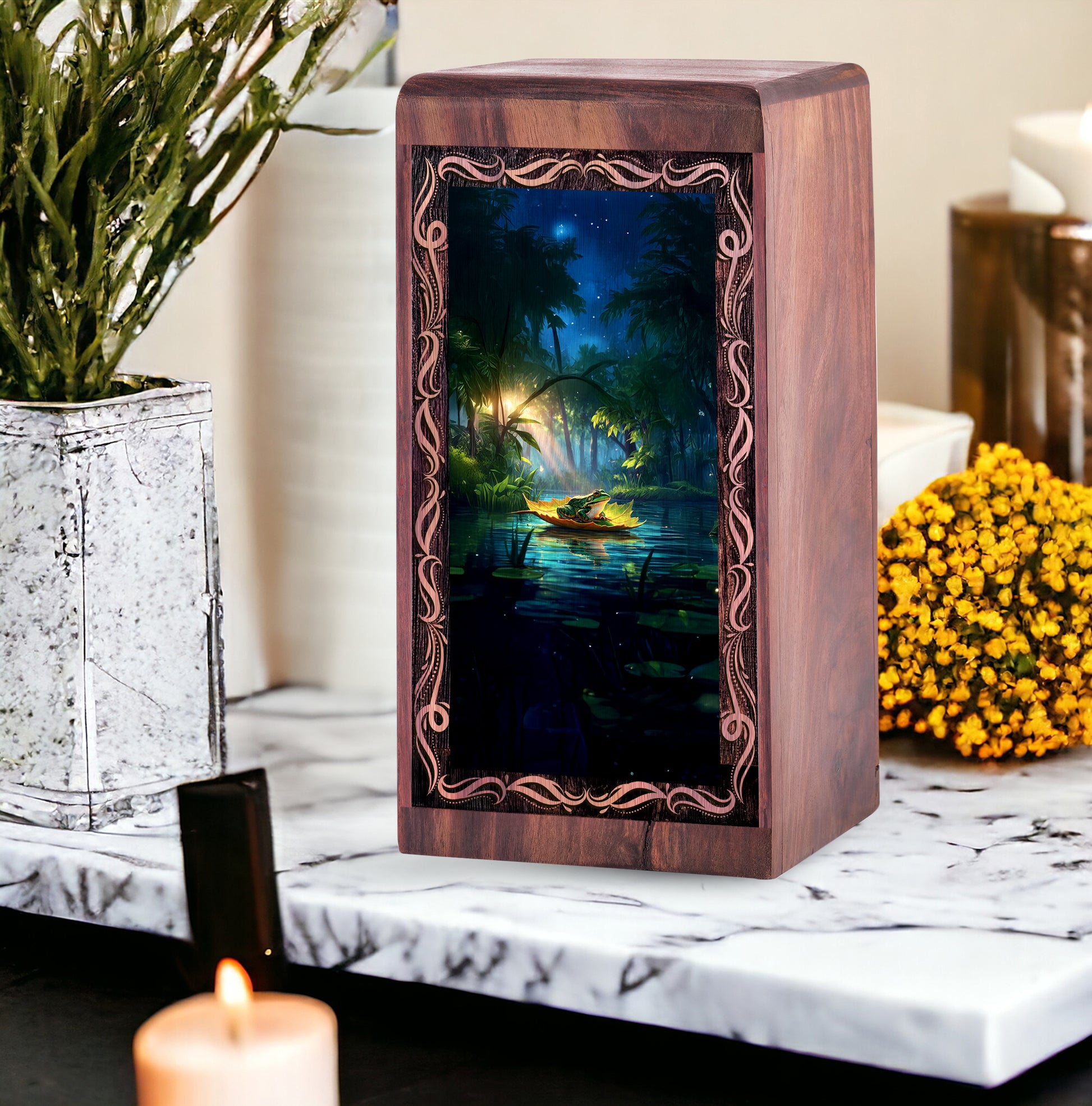 River Night Theme Frog Wooden Urn - Cremation Urns Wooden Box For Male