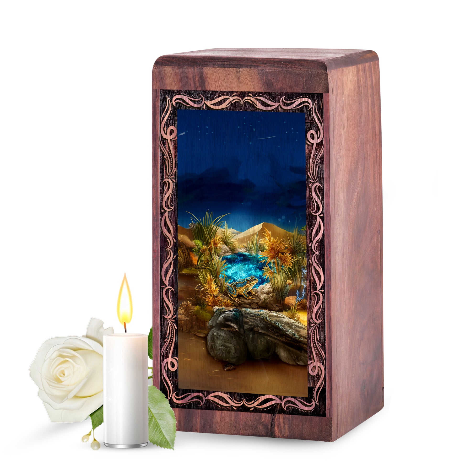 Golden Desert Frog Theme Wood Ash Urn - Handmade Wood Urn Box For Female