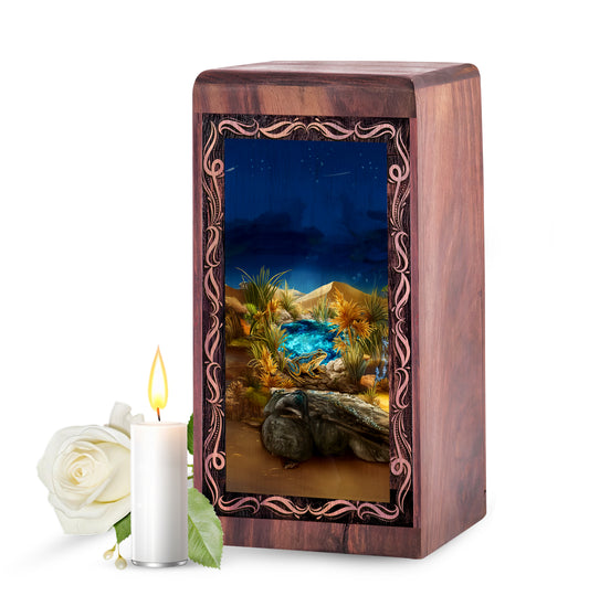 Golden Desert Frog Theme Wood Ash Urn - Handmade Wood Urn Box For Female