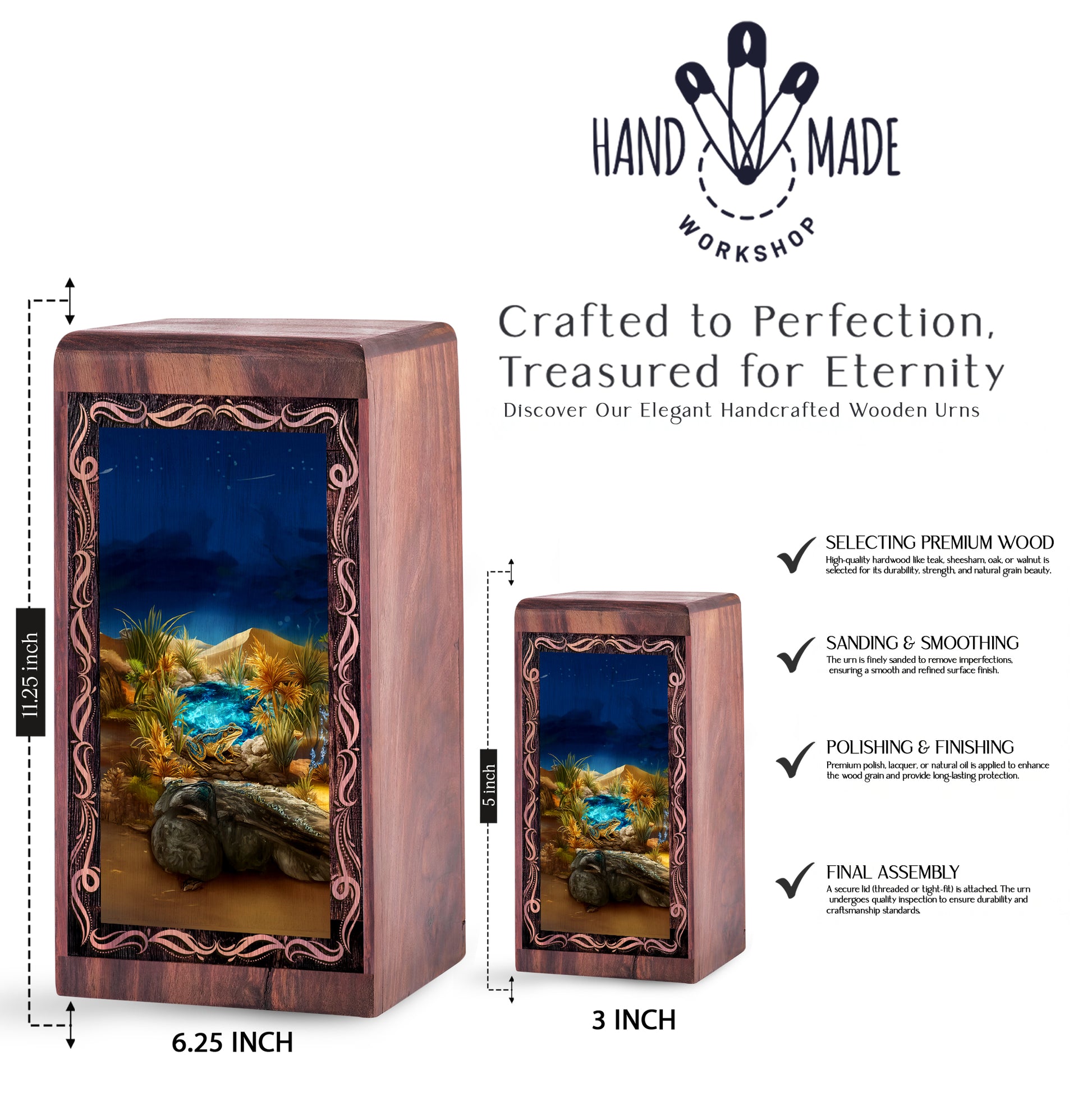 Golden Desert Frog Theme Wood Ash Urn - Handmade Wood Urn Box For Female