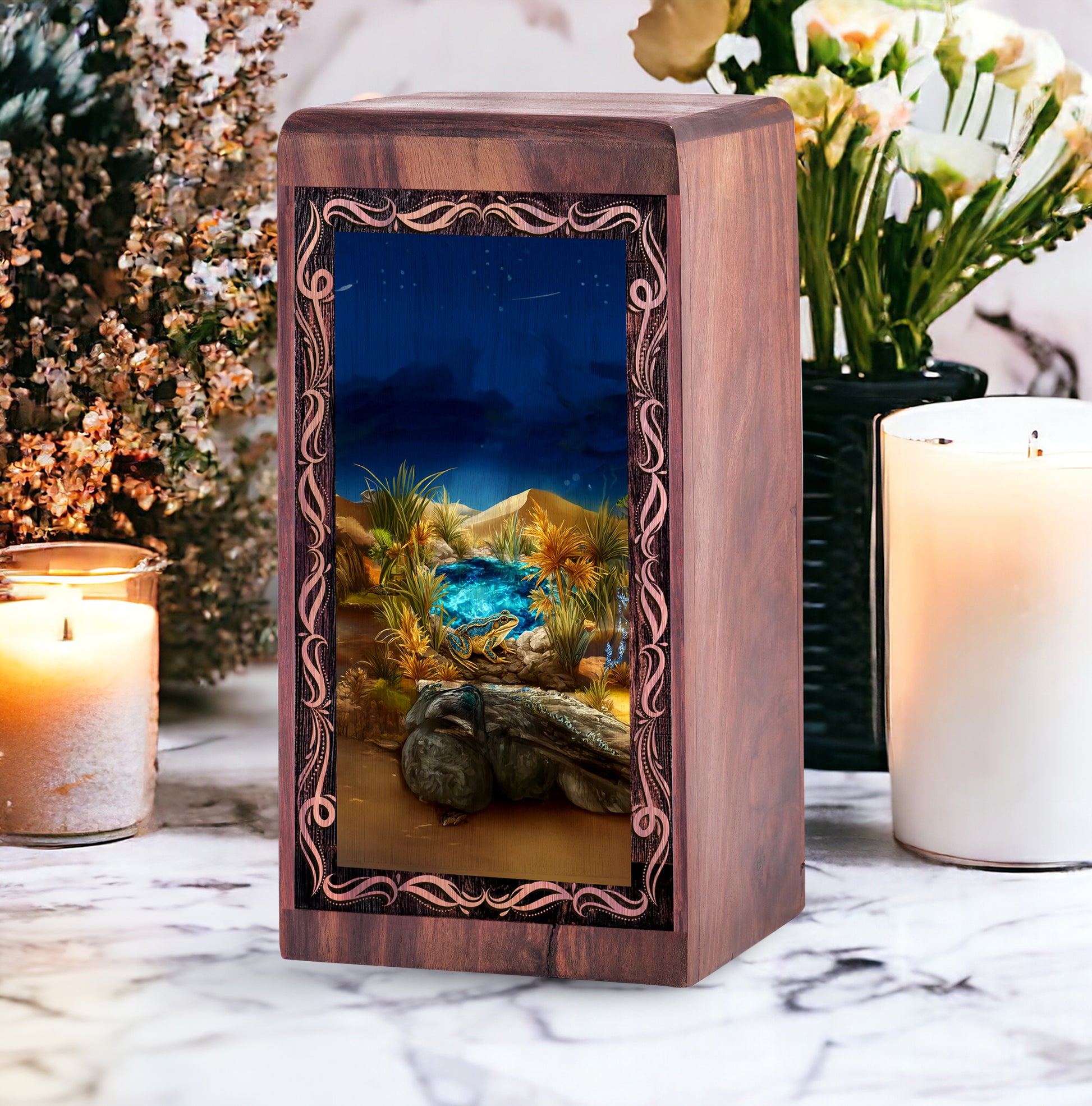 Golden Desert Frog Theme Wood Ash Urn - Handmade Wood Urn Box For Female