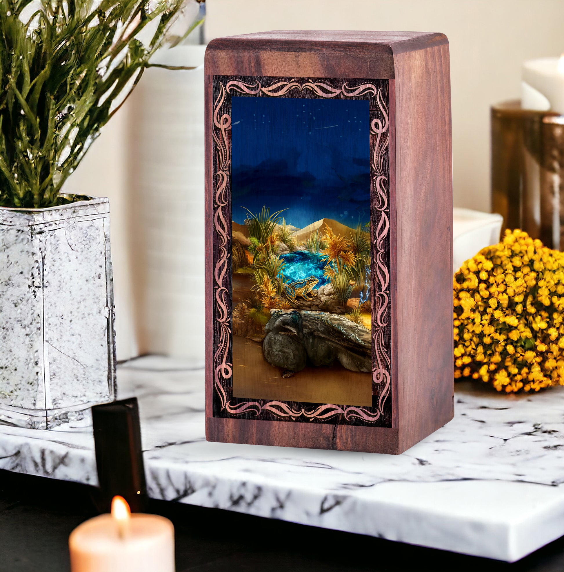 Golden Desert Frog Theme Wood Ash Urn - Handmade Wood Urn Box For Female