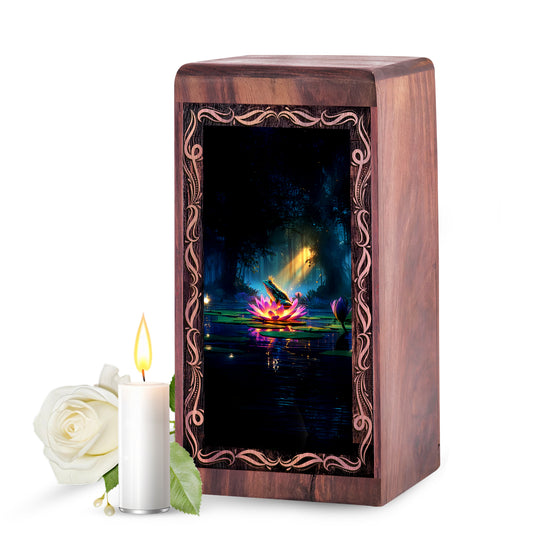 Frog Memorial Urn Keepsake Box - Lotus Theme Wood Cremation Urn For Burial