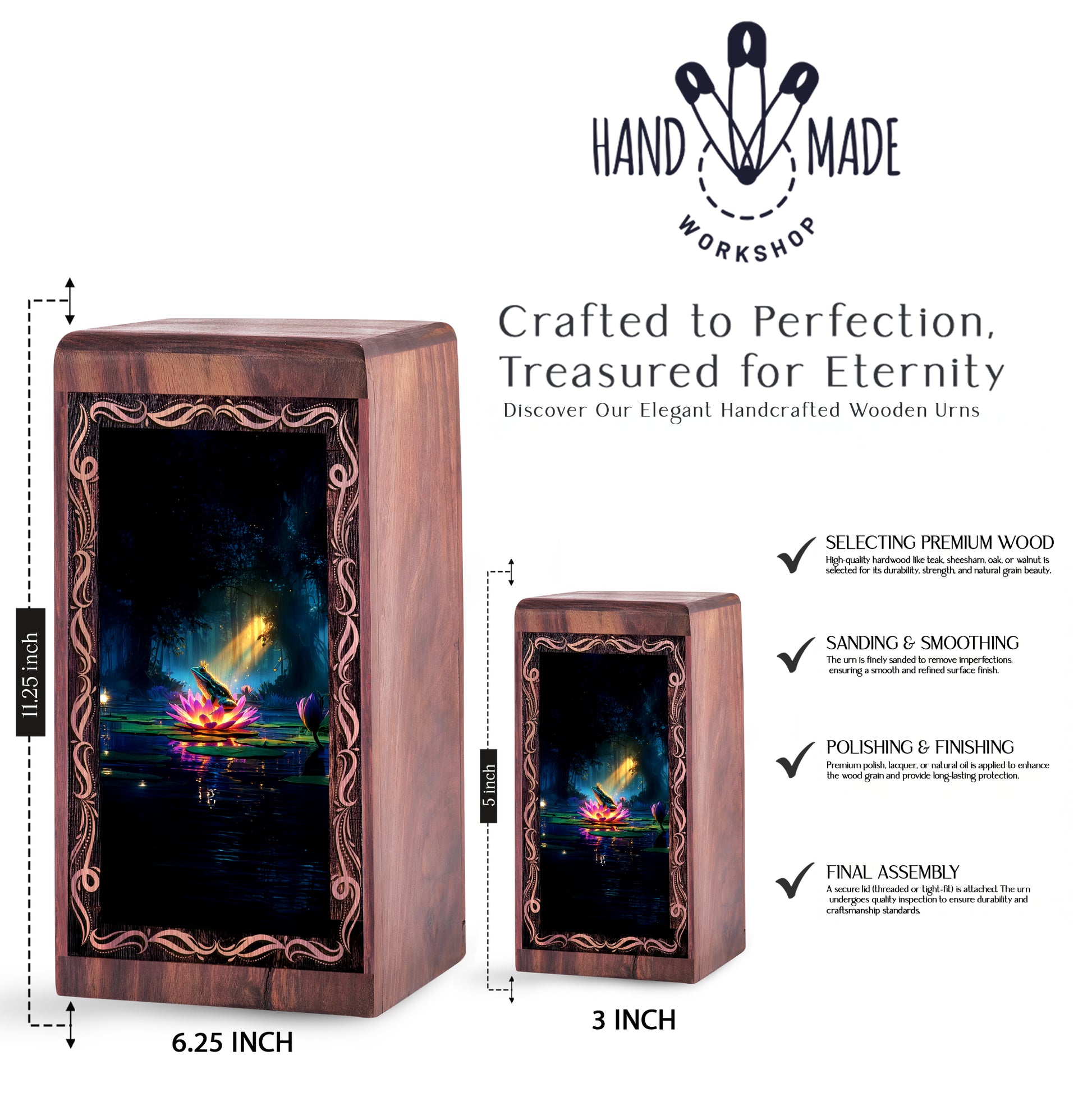 Frog Memorial Urn Keepsake Box - Lotus Theme Wood Cremation Urn For Burial