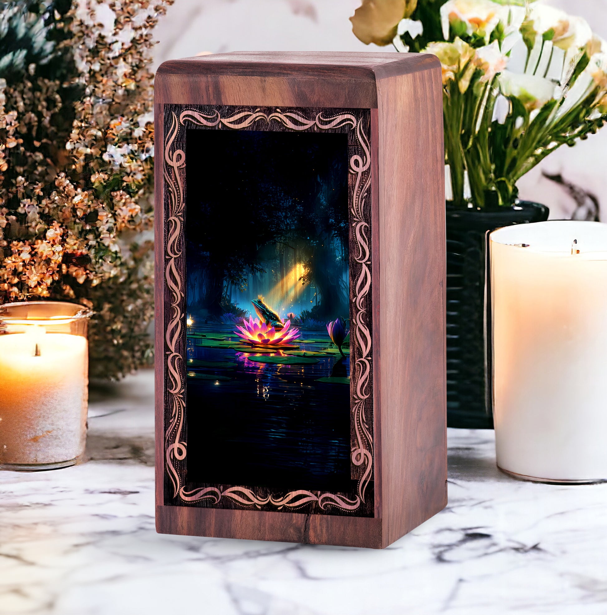 Frog Memorial Urn Keepsake Box - Lotus Theme Wood Cremation Urn For Burial