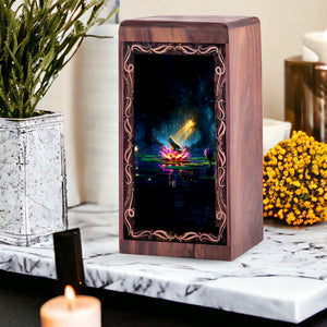 Frog Memorial Urn Keepsake Box - Lotus Theme Wood Cremation Urn For Burial
