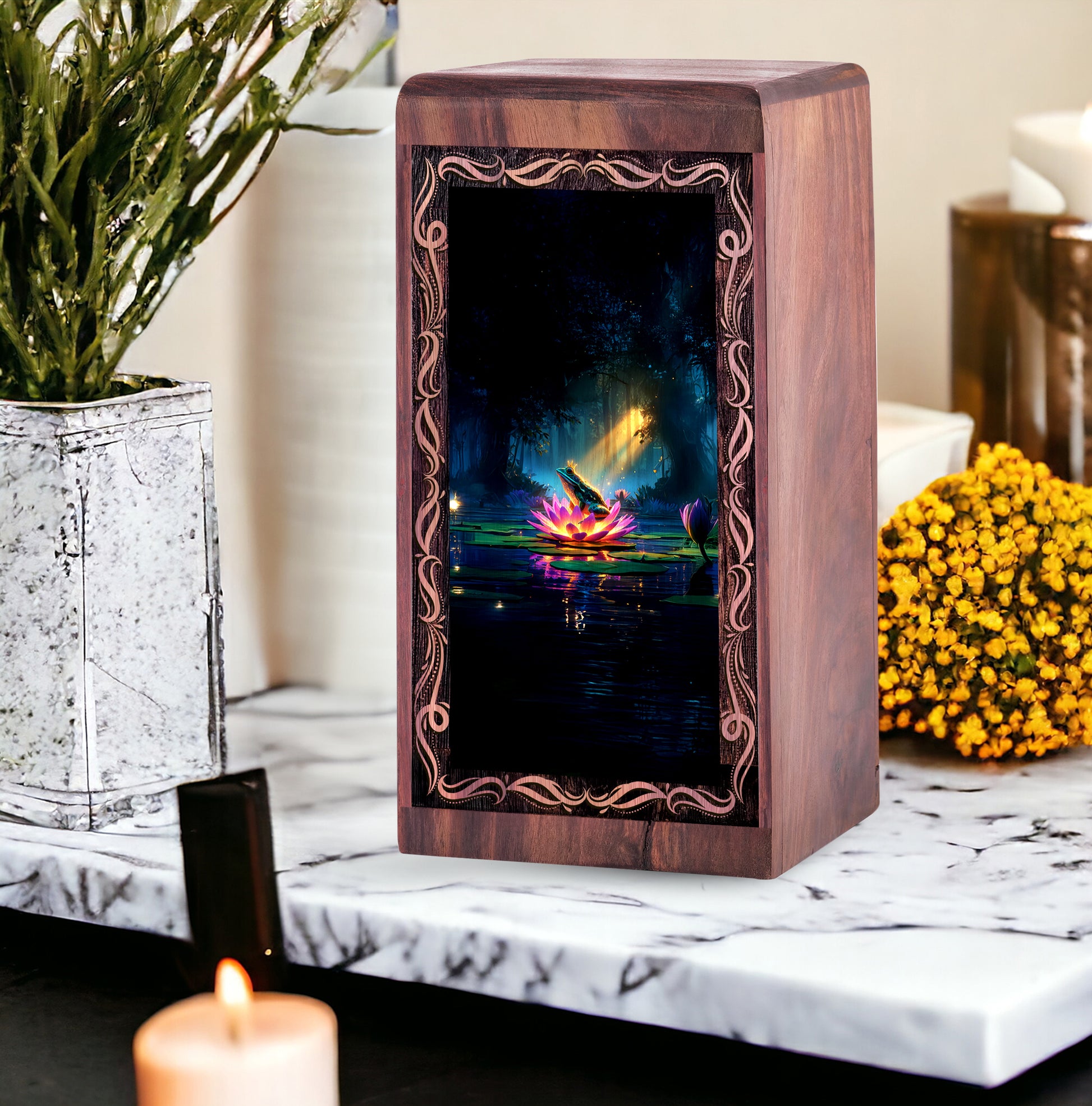 Frog Memorial Urn Keepsake Box - Lotus Theme Wood Cremation Urn For Burial