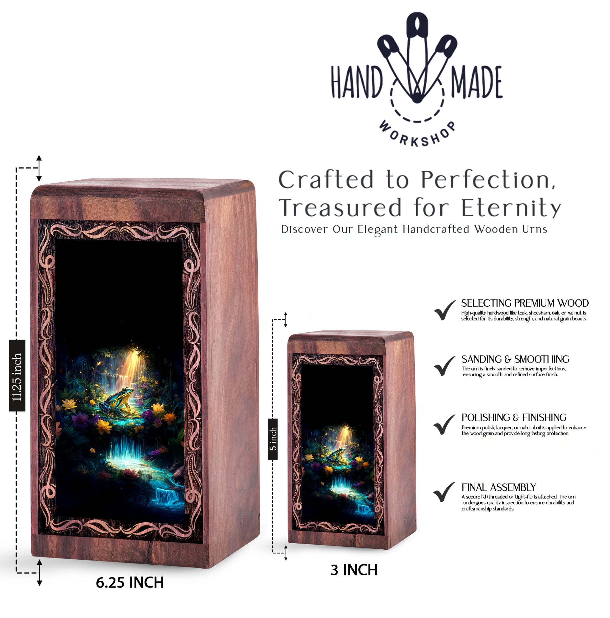 Enchanted Forest Frog Urn Box For Ashes - Wooden Urn Box For Human Ashes Adult