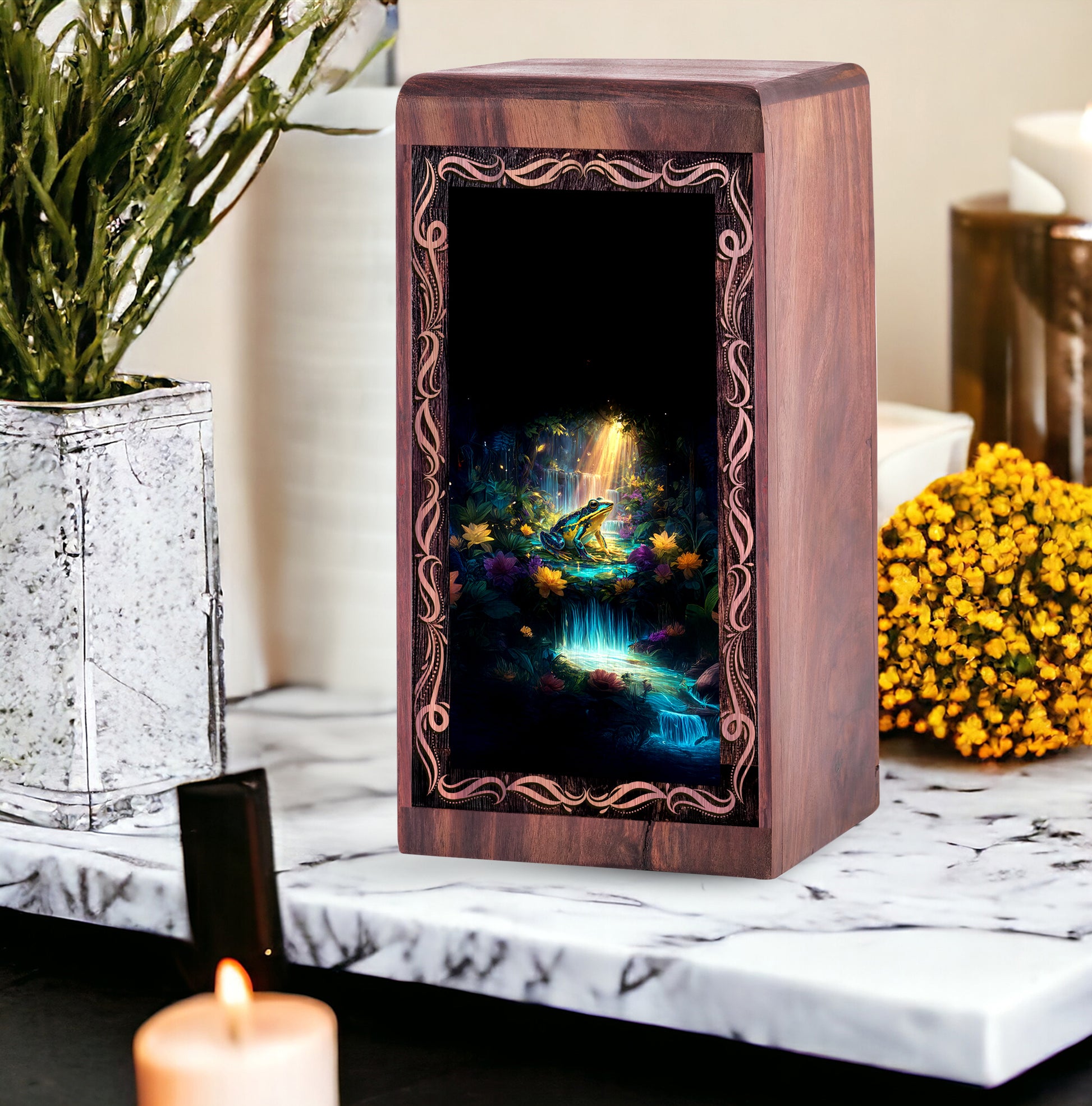 Enchanted Forest Frog Urn Box For Ashes - Wooden Urn Box For Human Ashes Adult
