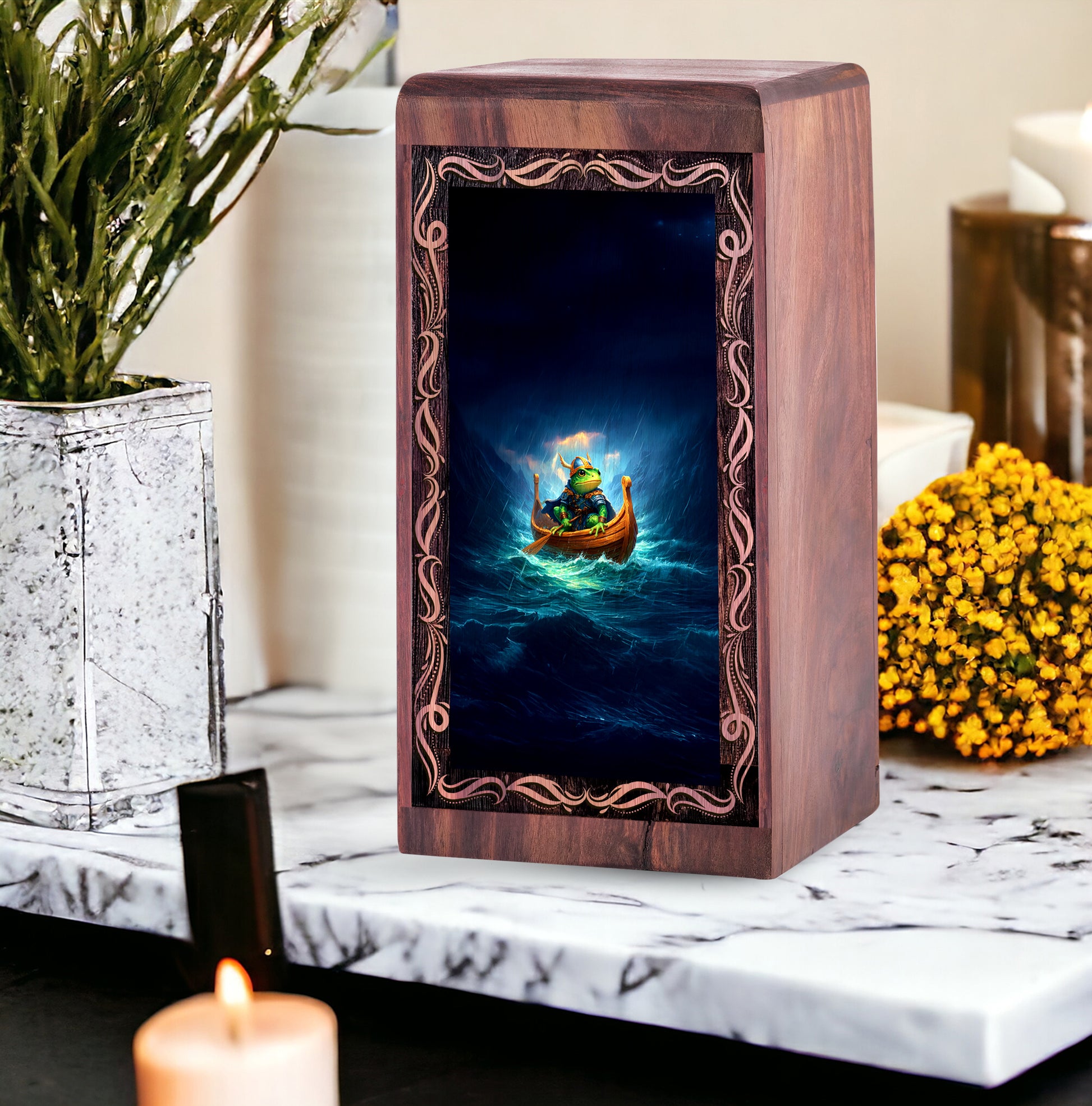 Stormy Sea Frog Cremation Urn Box - Wooden Keepsake Cremation Urns For Ashes