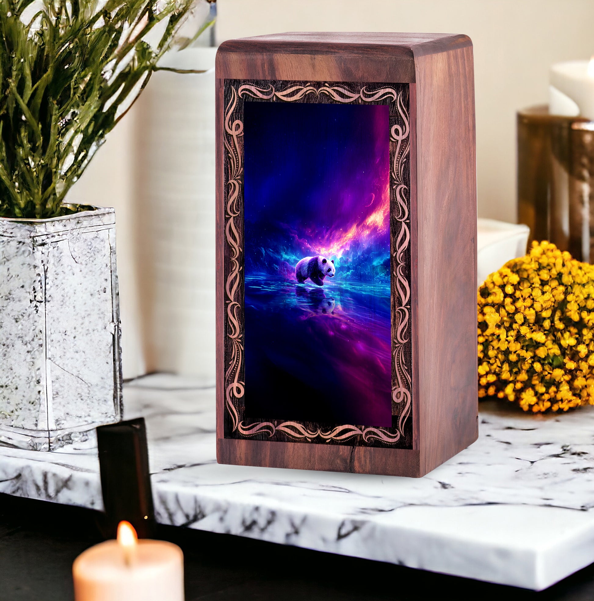 Cosmic Panda Theme Memorial Urn – Cremation Wooden Urn For Human Ashes Adult