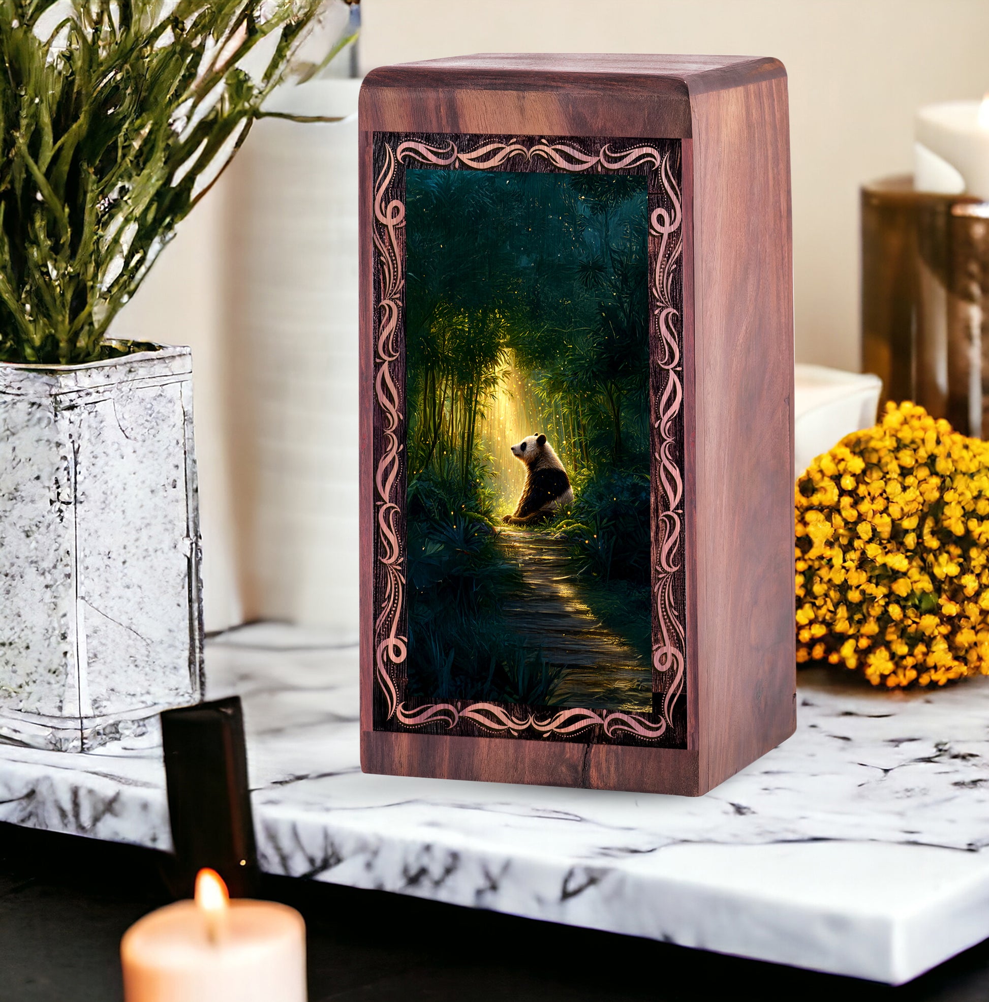 Golden Forest Panda Theme Funeral Urn - Handmade Cremation Urn For Mom & Dad