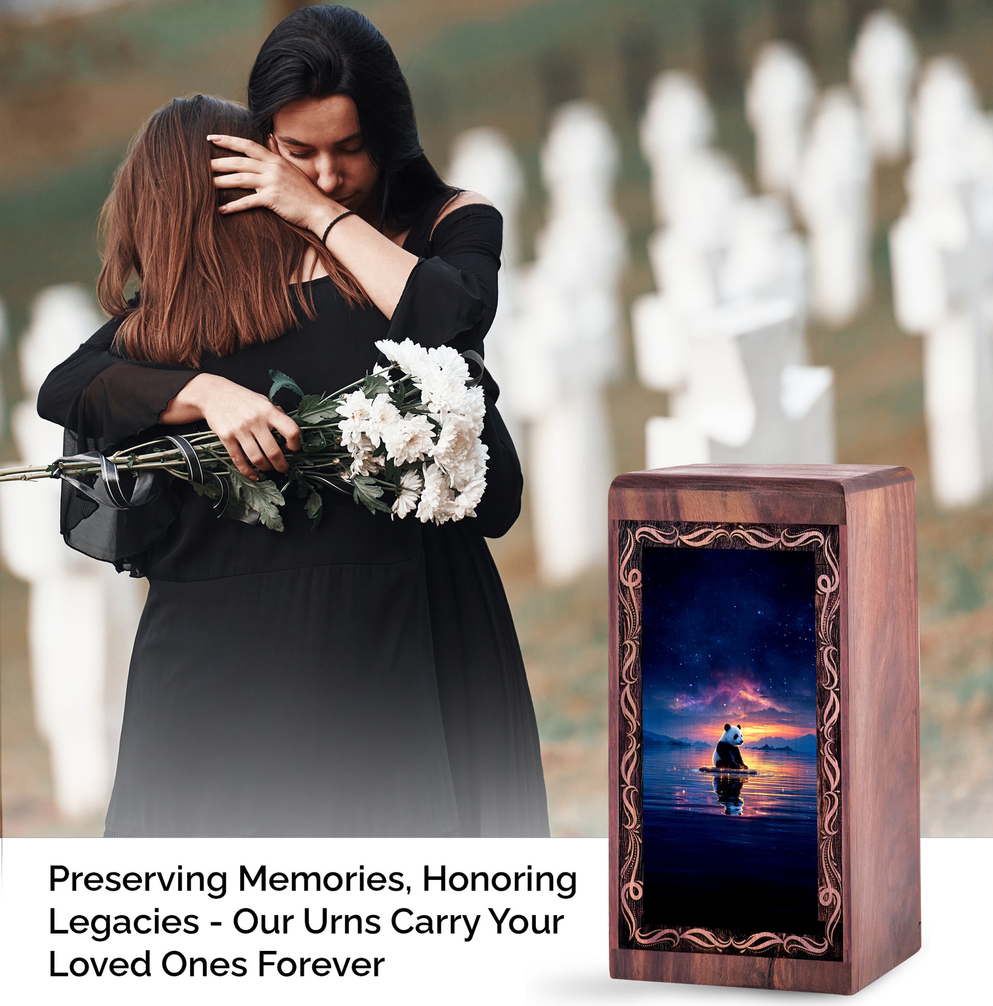 Panda Urn For Human Ashes - Spiritual Lake Sunset Theme Keepshake For Adult Male