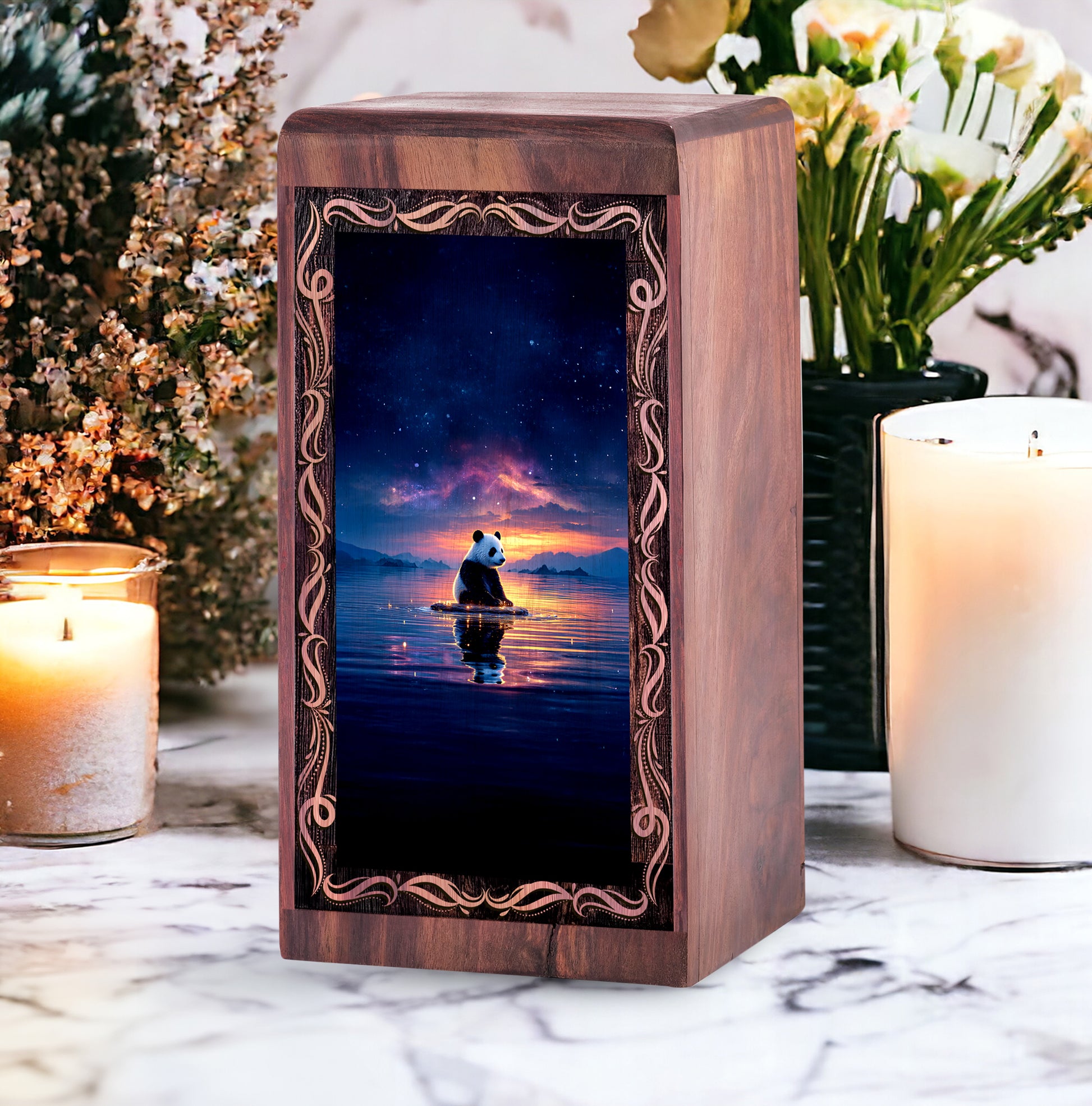 Panda Urn For Human Ashes - Spiritual Lake Sunset Theme Keepshake For Adult Male