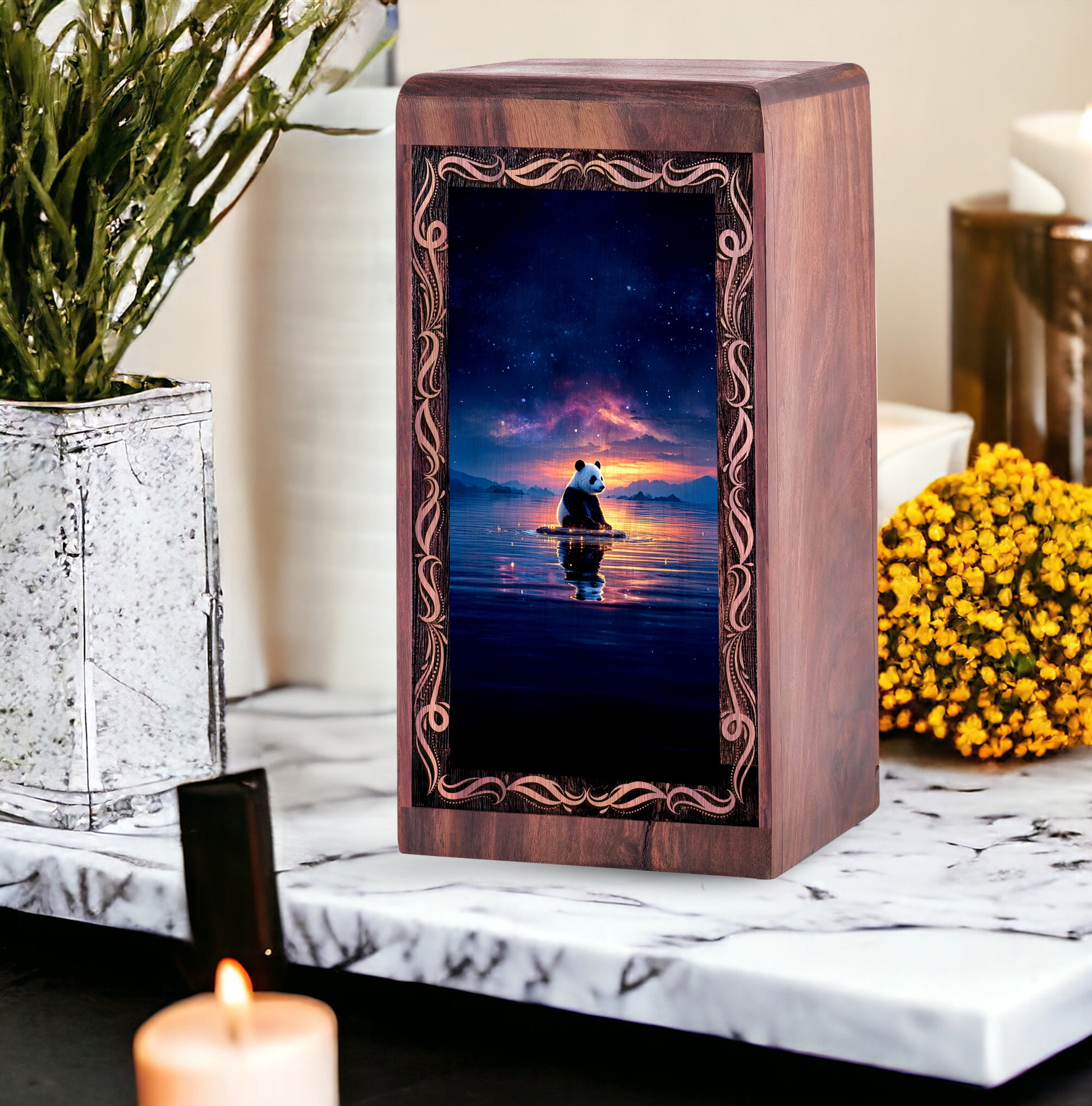 Panda Urn For Human Ashes - Spiritual Lake Sunset Theme Keepshake For Adult Male