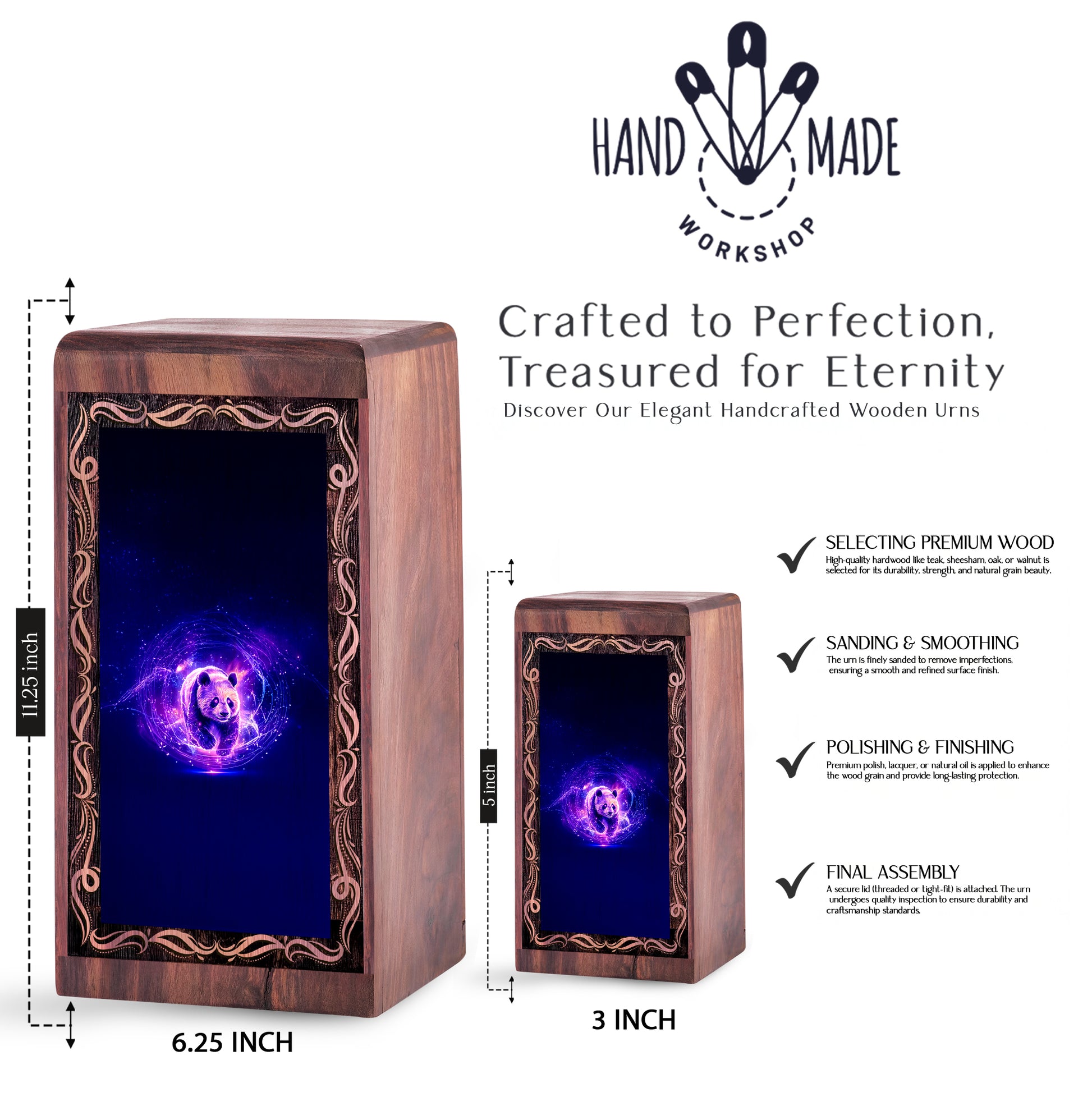 Panda Cosmic Theme Handmade Wood Urn Box - Memorial Box Urns For Human Ashes Adult
