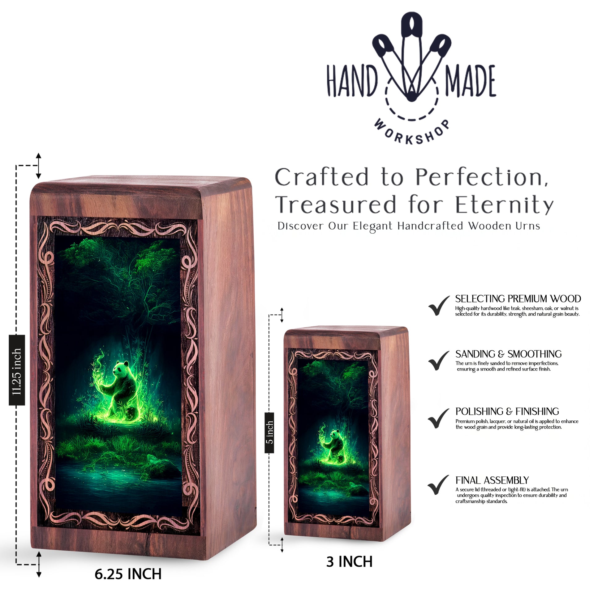 Panda Cremation Urn For Ashes - Decorative Wooden Box For Ashes