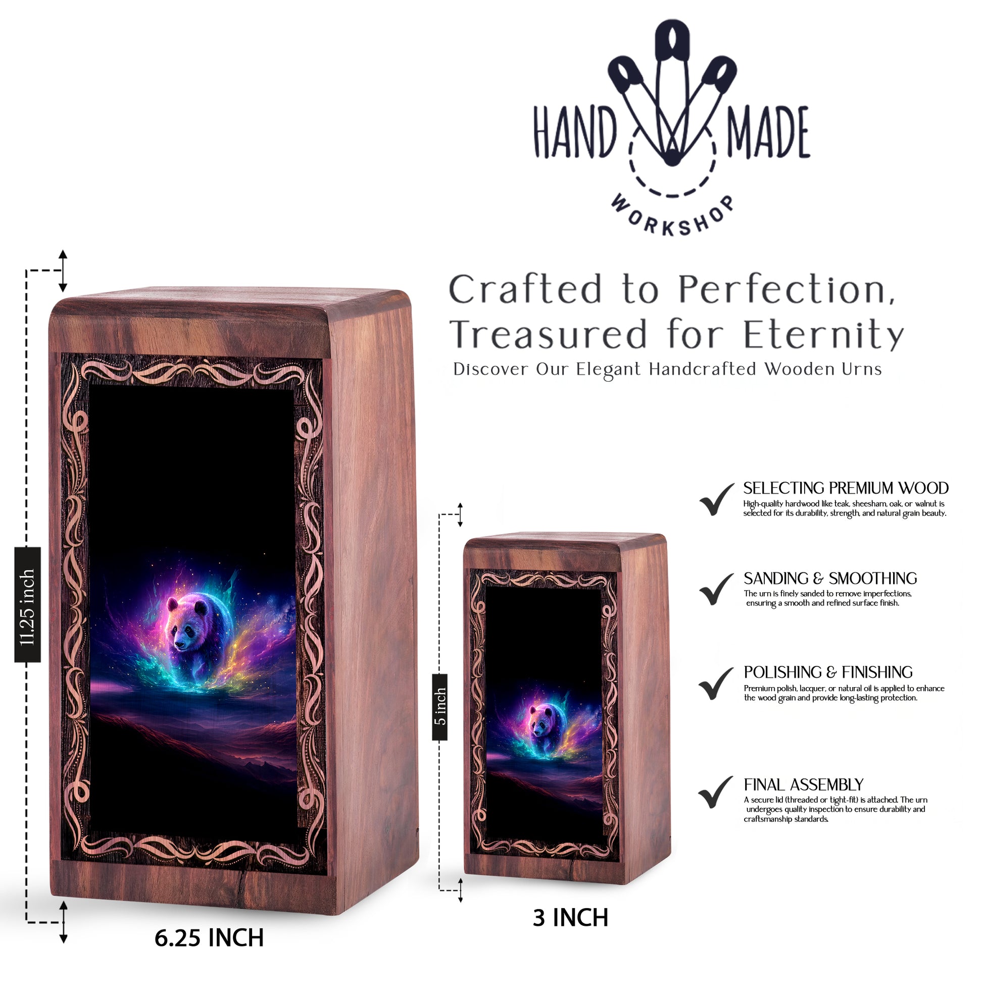 Panda Mystic Rainbow Theme Urn – Keepshake Rosewood Box For Adult Female