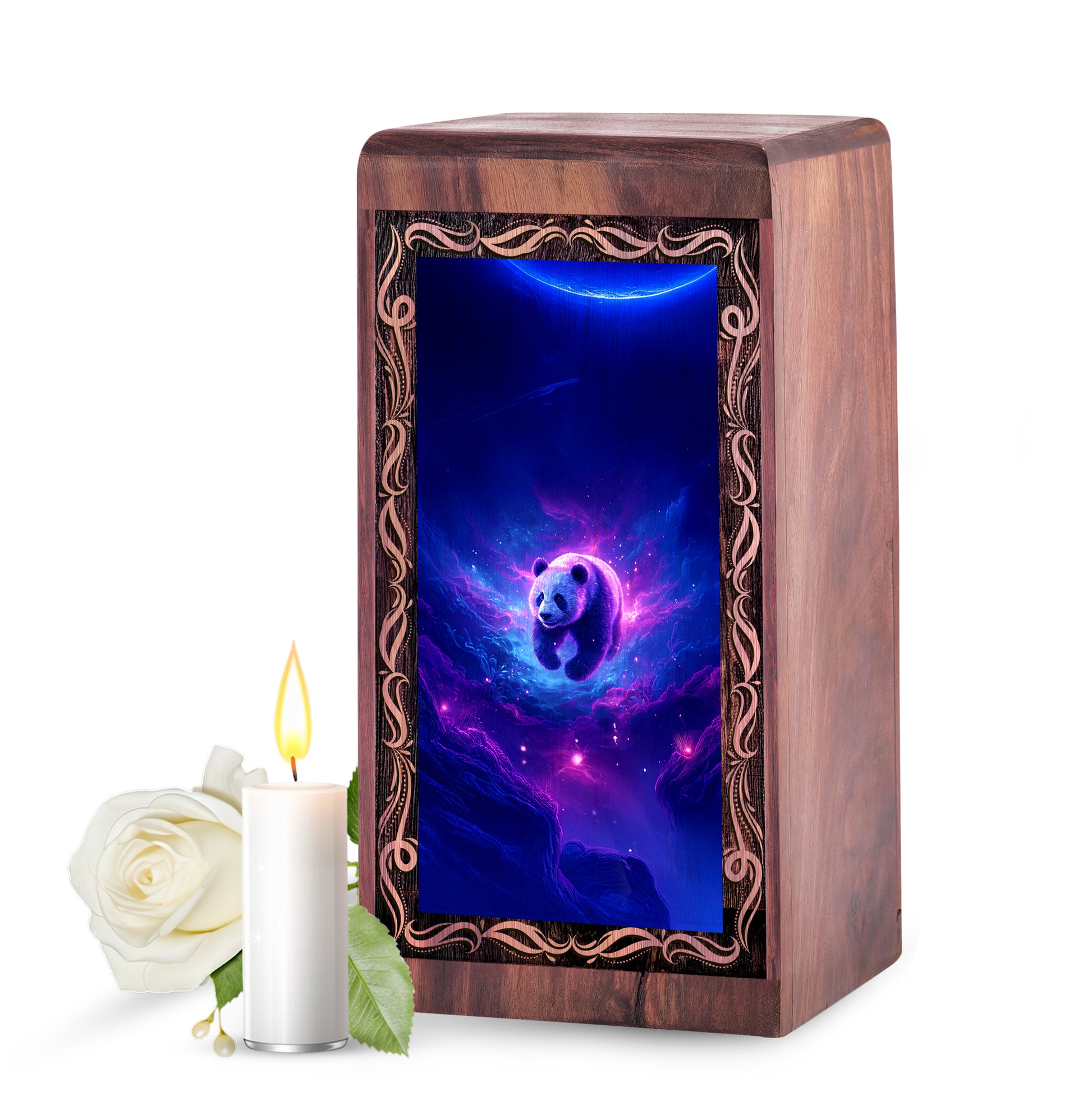 Dreamy Panda Cremation Urn – Cosmic Spirit Theme Wooden Urn For Adult Ashes