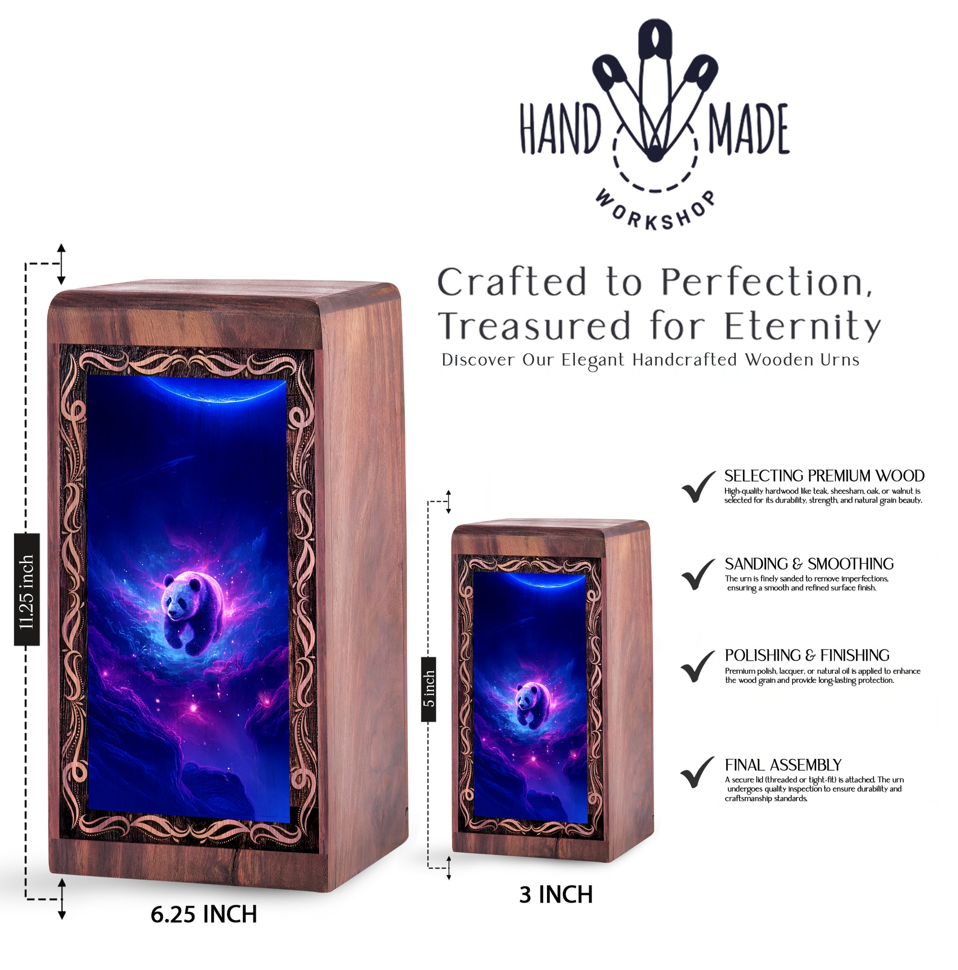 Dreamy Panda Cremation Urn – Cosmic Spirit Theme Wooden Urn For Adult Ashes