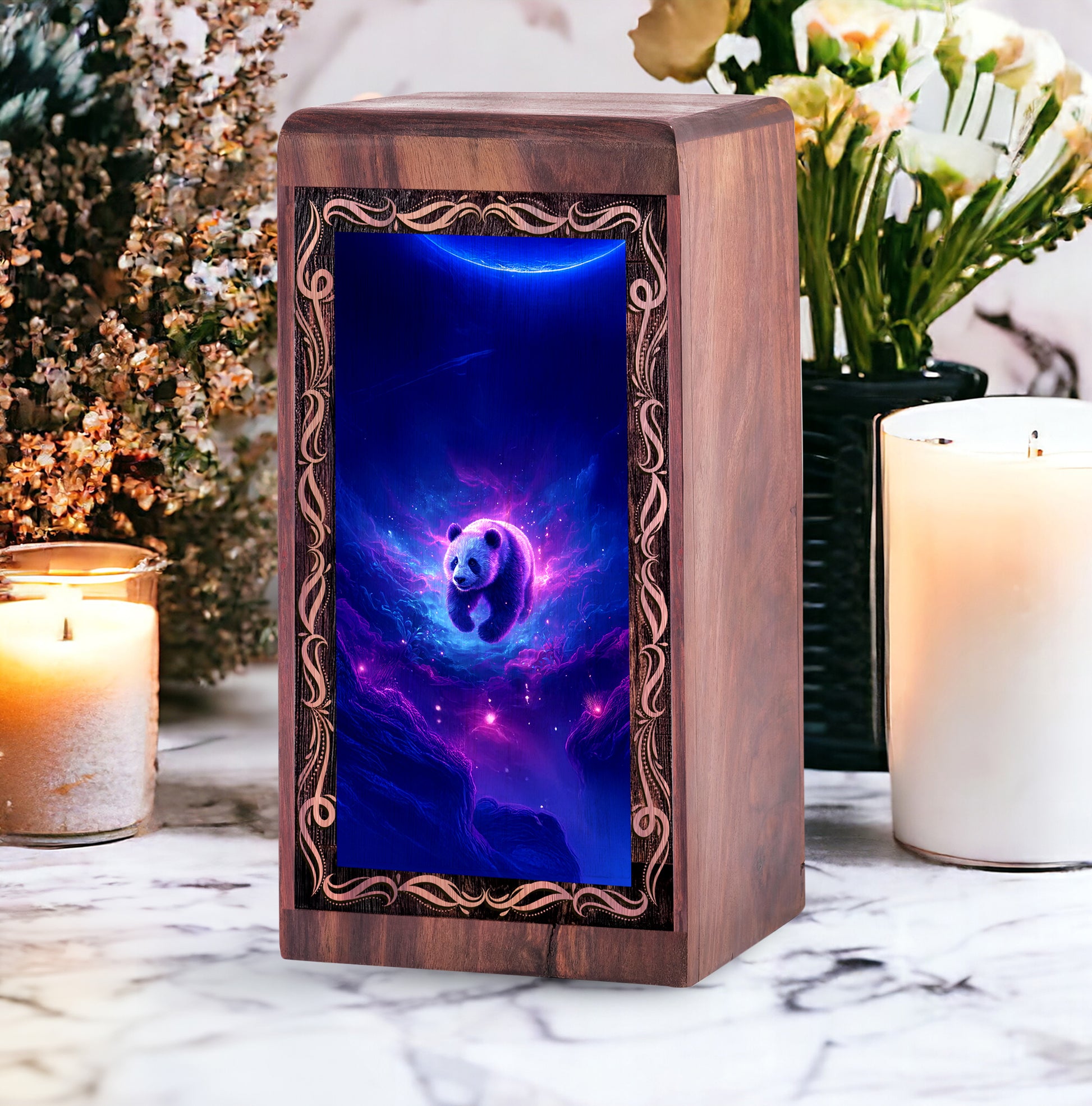 Dreamy Panda Cremation Urn – Cosmic Spirit Theme Wooden Urn For Adult Ashes