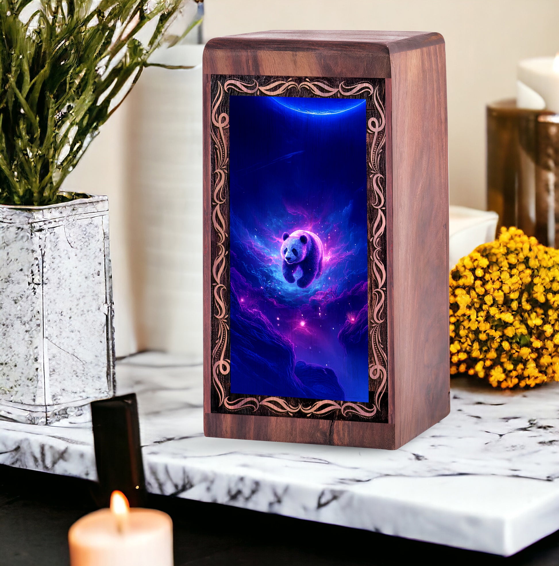 Dreamy Panda Cremation Urn – Cosmic Spirit Theme Wooden Urn For Adult Ashes