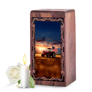 Patriotic Tractor Wooden Urns - Sunset Tractor Theme Human Ashes Adult Man Memorial