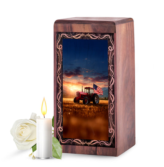 Patriotic Tractor Wooden Urns - Sunset Tractor Theme Human Ashes Adult Man Memorial
