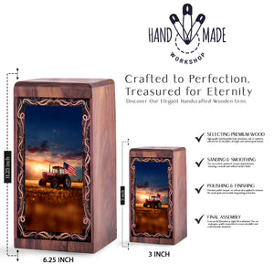 Patriotic Tractor Wooden Urns - Sunset Tractor Theme Human Ashes Adult Man Memorial