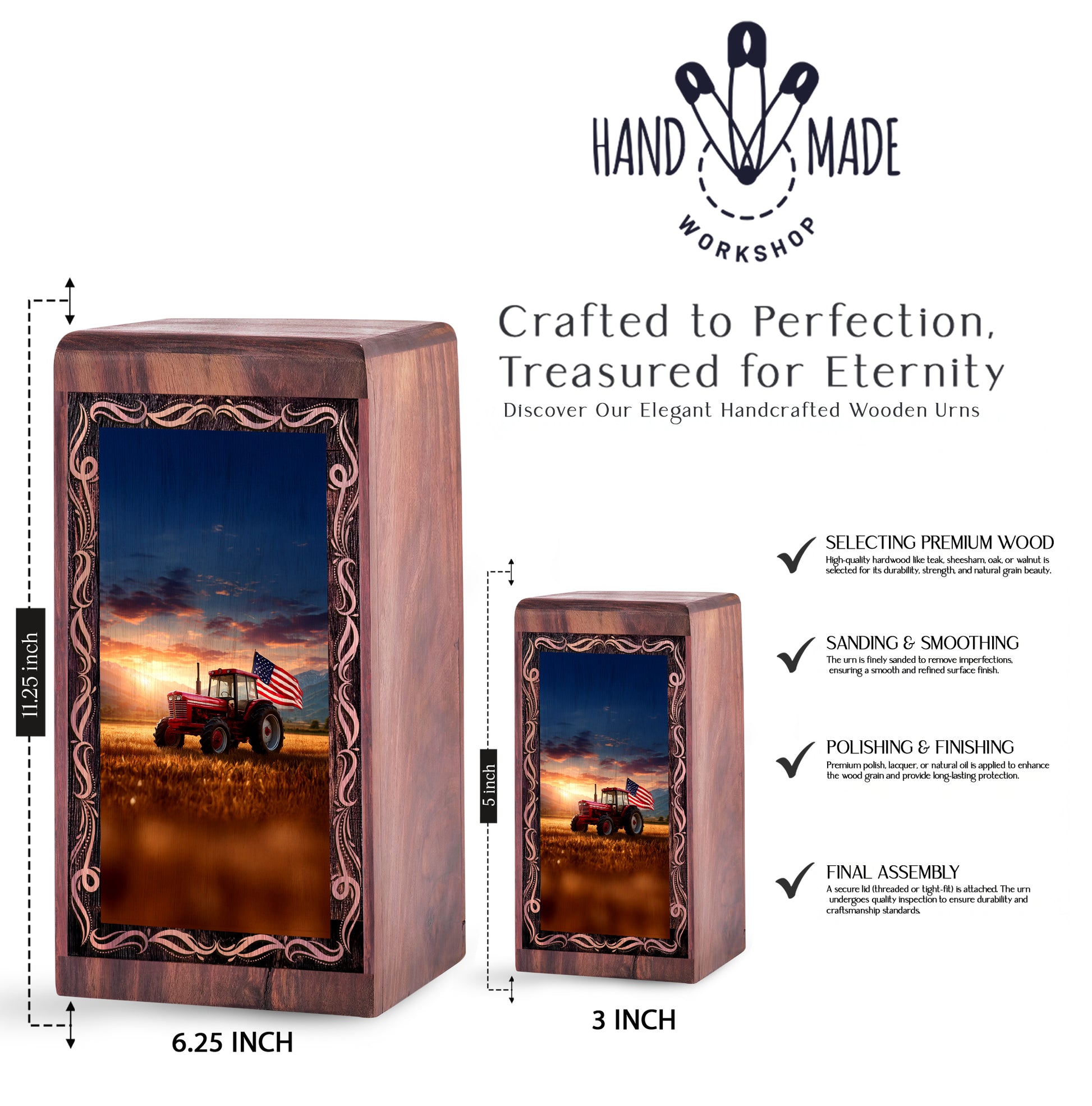 Patriotic Tractor Wooden Urns - Sunset Tractor Theme Human Ashes Adult Man Memorial