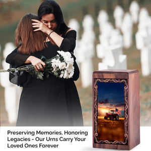 Patriotic Tractor Wooden Urns - Sunset Tractor Theme Human Ashes Adult Man Memorial